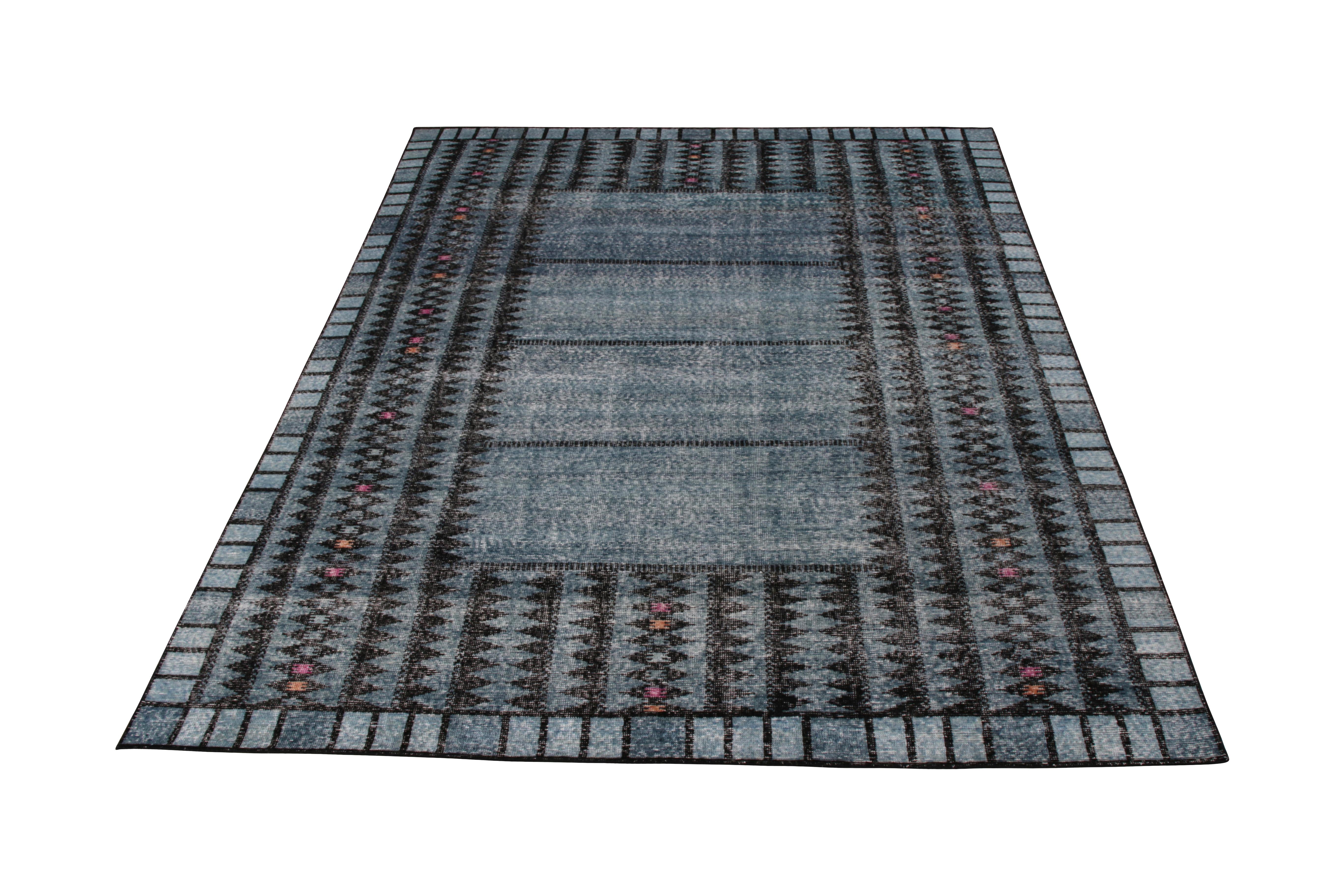 Handmade in a refined, low-pile wool with a comfortable wash achieving this shabby-chic distressed style, this 8 x 10 Scandinavian rug joins the Homage Collection by Rug & Kilim, representing an encyclopedic approach to reimagining iconic classic