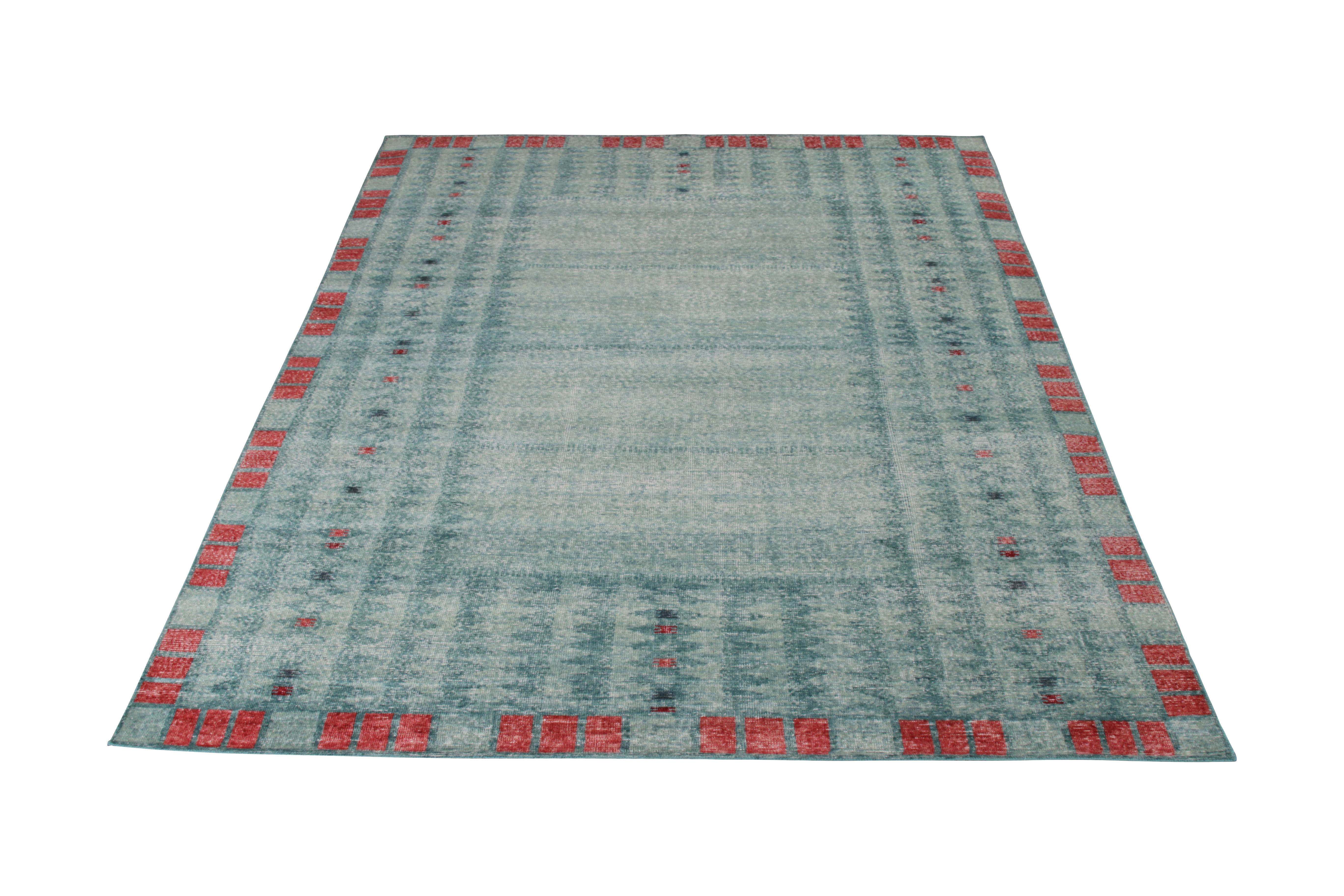 Handmade in a refined, low-pile wool with a comfortable wash achieving this shabby-chic distressed style, this 8 x 10 Scandinavian rug joins the Homage Collection by Rug & Kilim, representing an encyclopedic approach to reimagining iconic classic