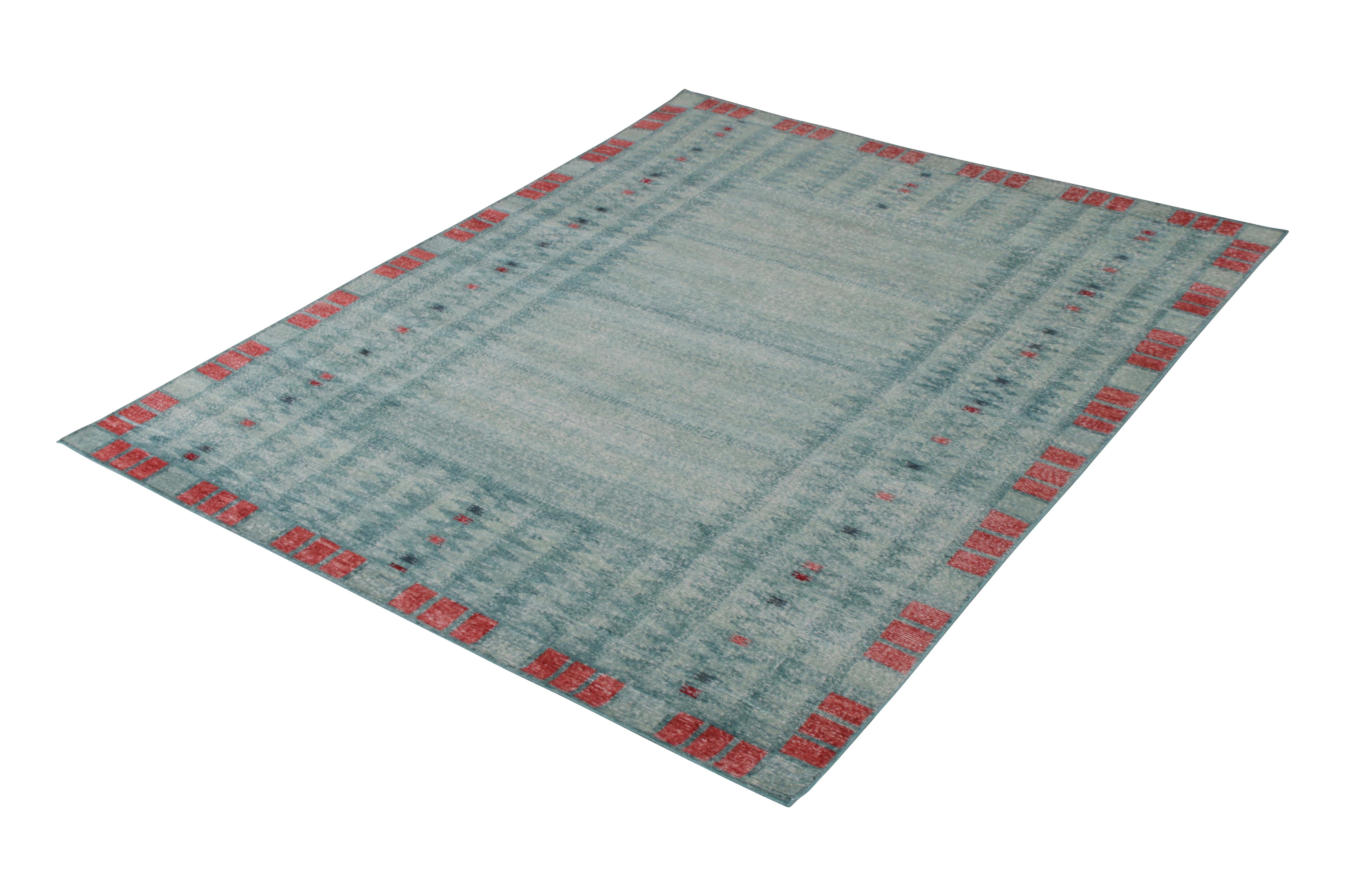 Scandinavian Modern Rug & Kilim’s Distressed Scandinavian Style Rug in Blue Geometric Pattern