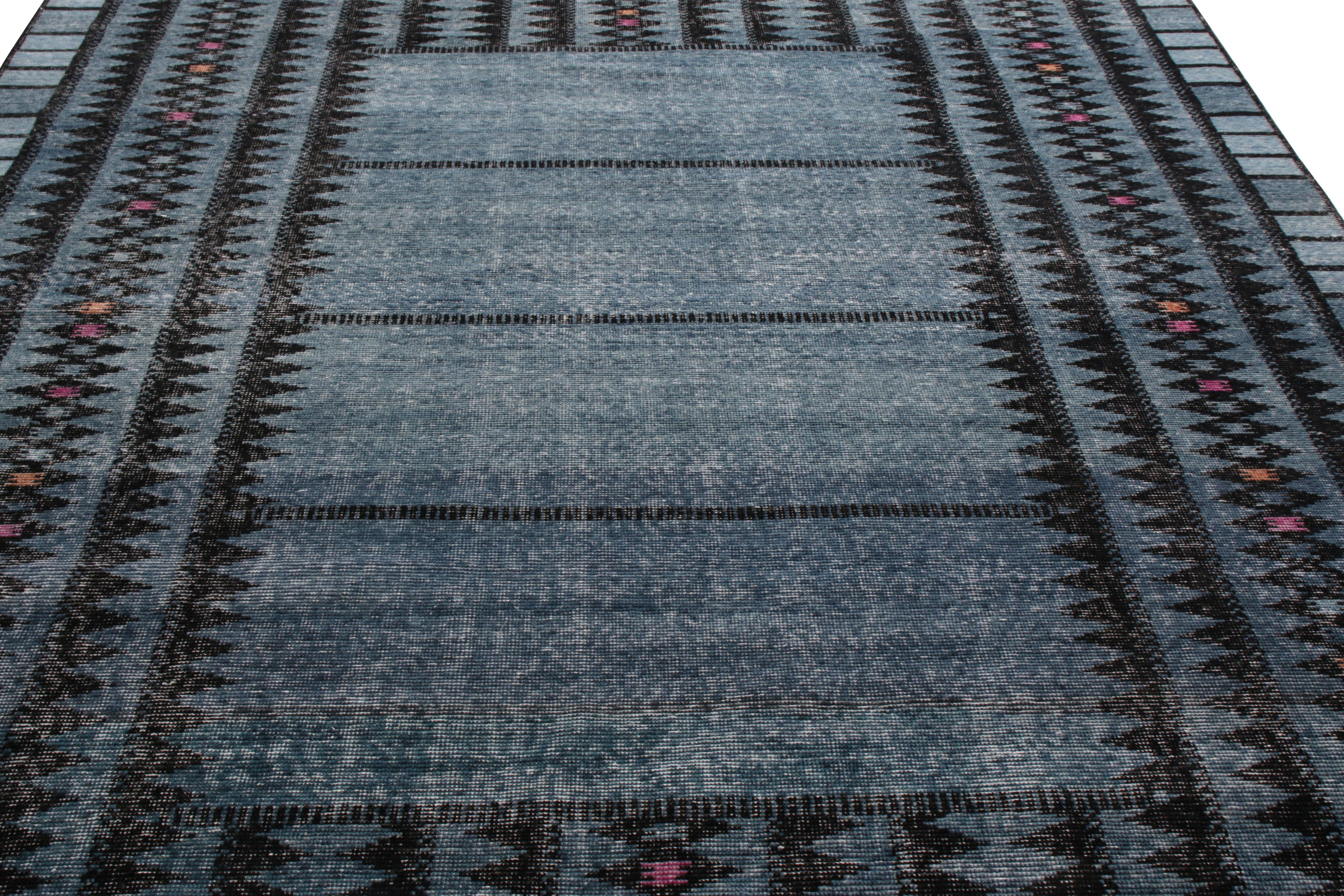 Indian Rug & Kilim’s Distressed Scandinavian Style Rug in Blue Geometric Pattern For Sale