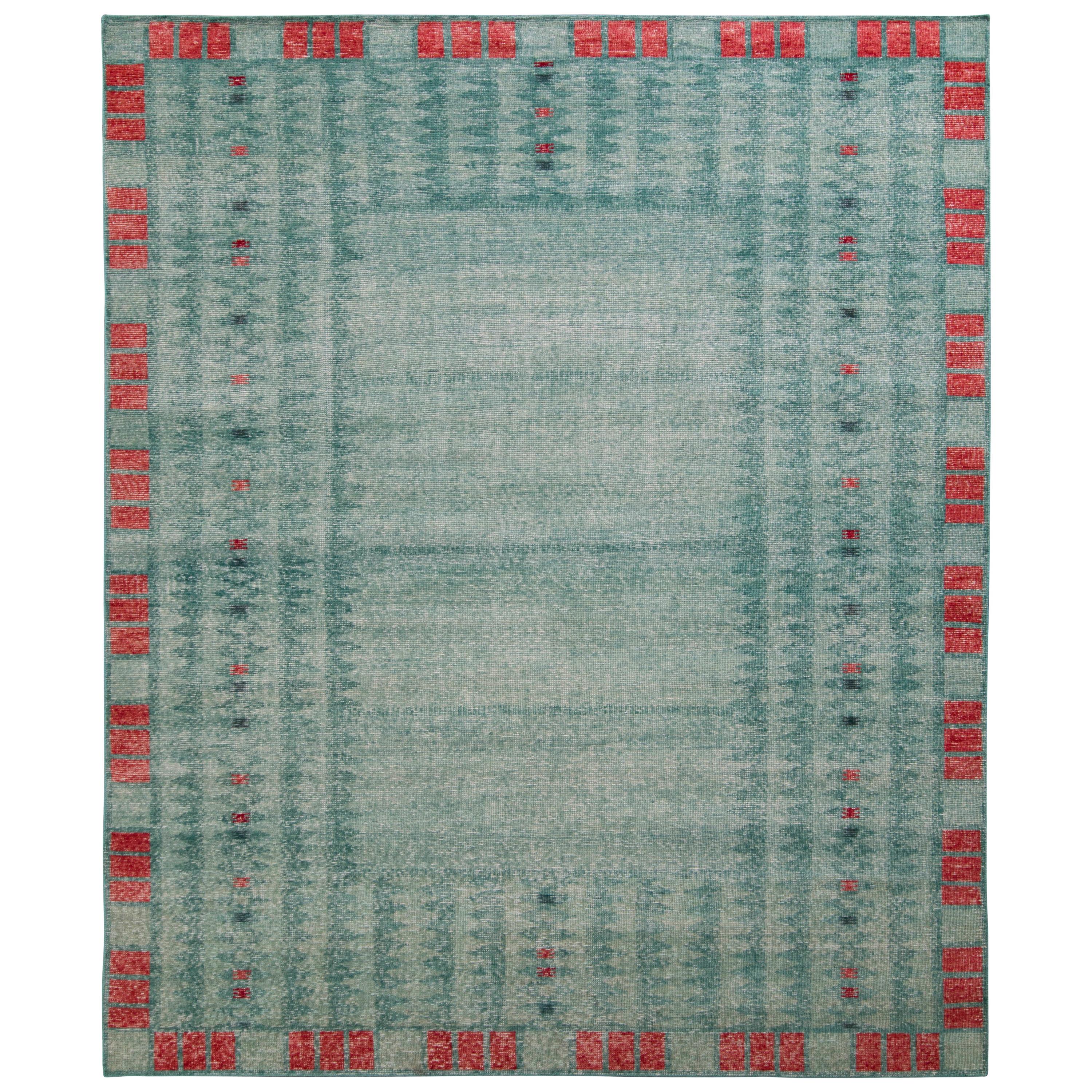 Rug & Kilim’s Distressed Scandinavian Style Rug in Blue Geometric Pattern