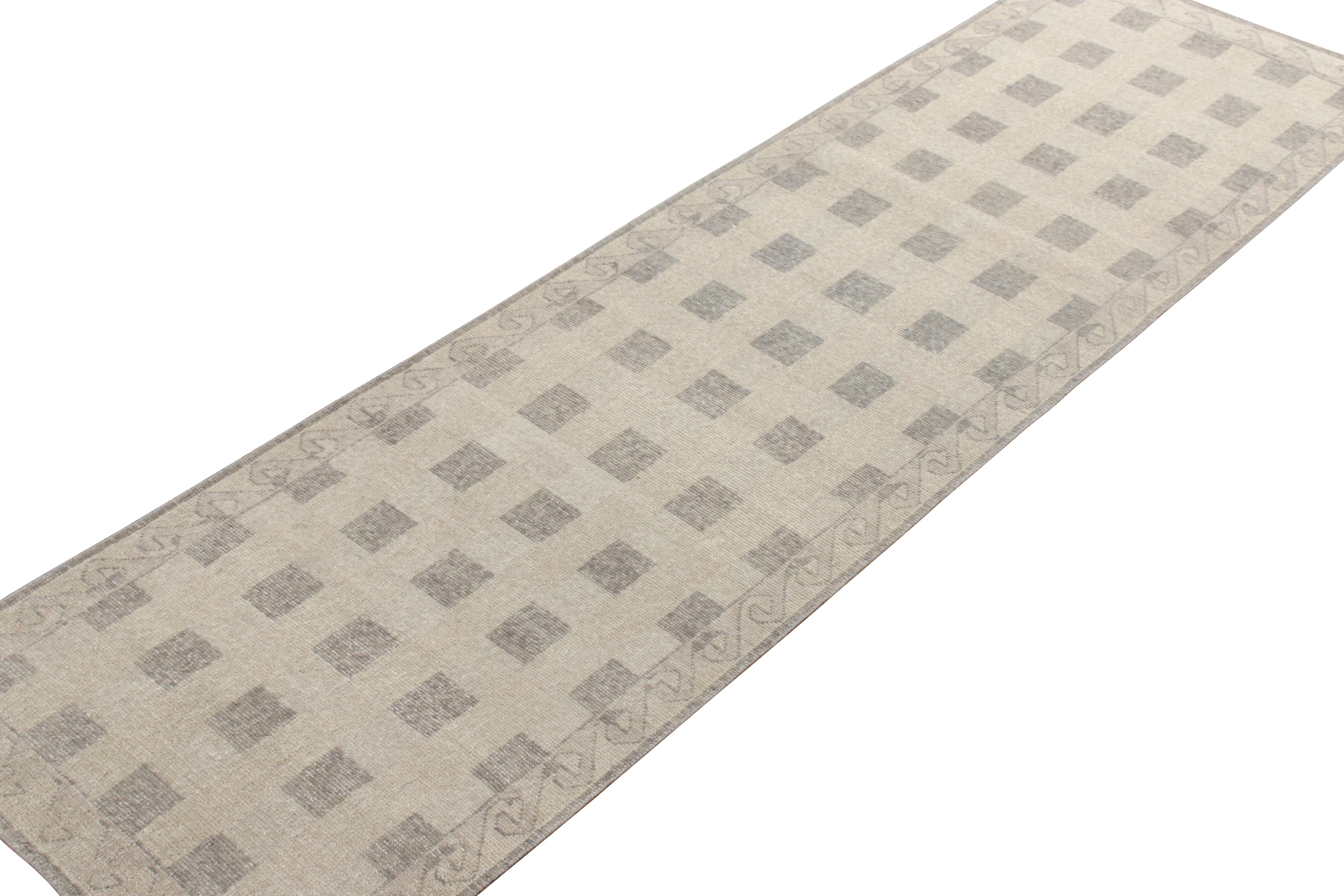 Other Rug & Kilim’s Distressed Scandinavian Style Runner, Beige Grey Geometric Pattern For Sale