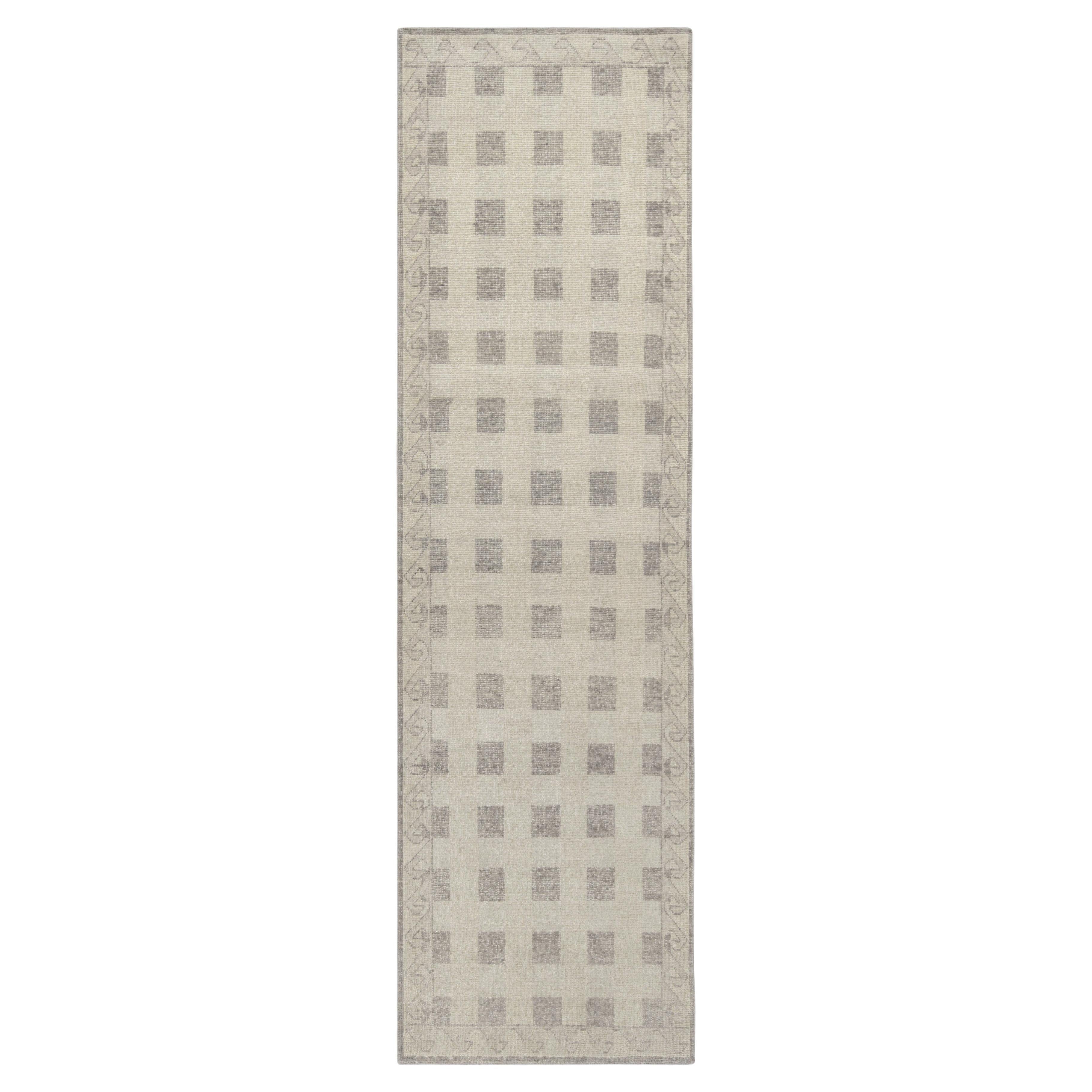 Rug & Kilim’s Distressed Scandinavian Style Runner, Beige Grey Geometric Pattern