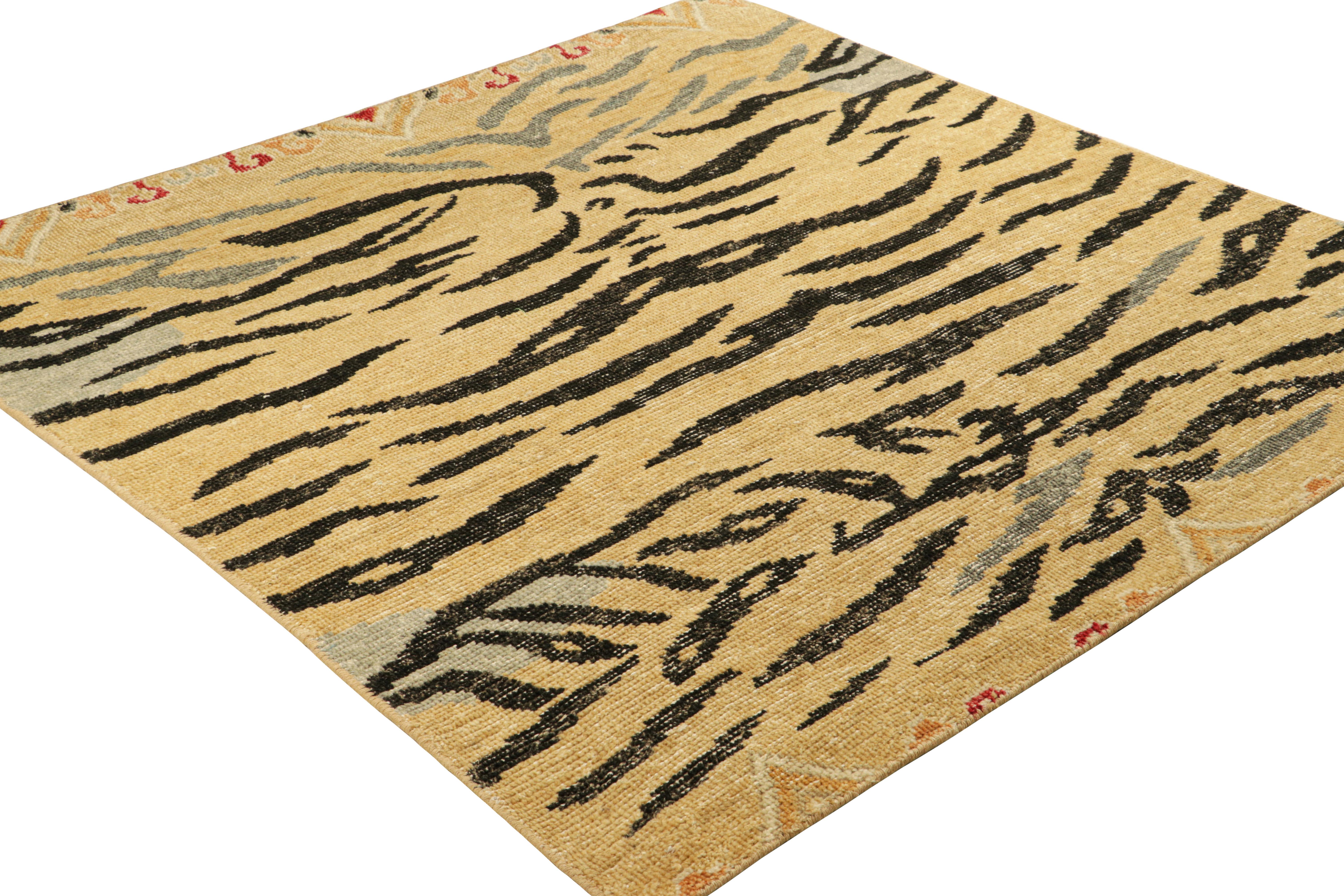 Hand-Knotted Rug & Kilim’s Distressed Square Tiger Skin Rug in Gold, Black and Gray Tones For Sale