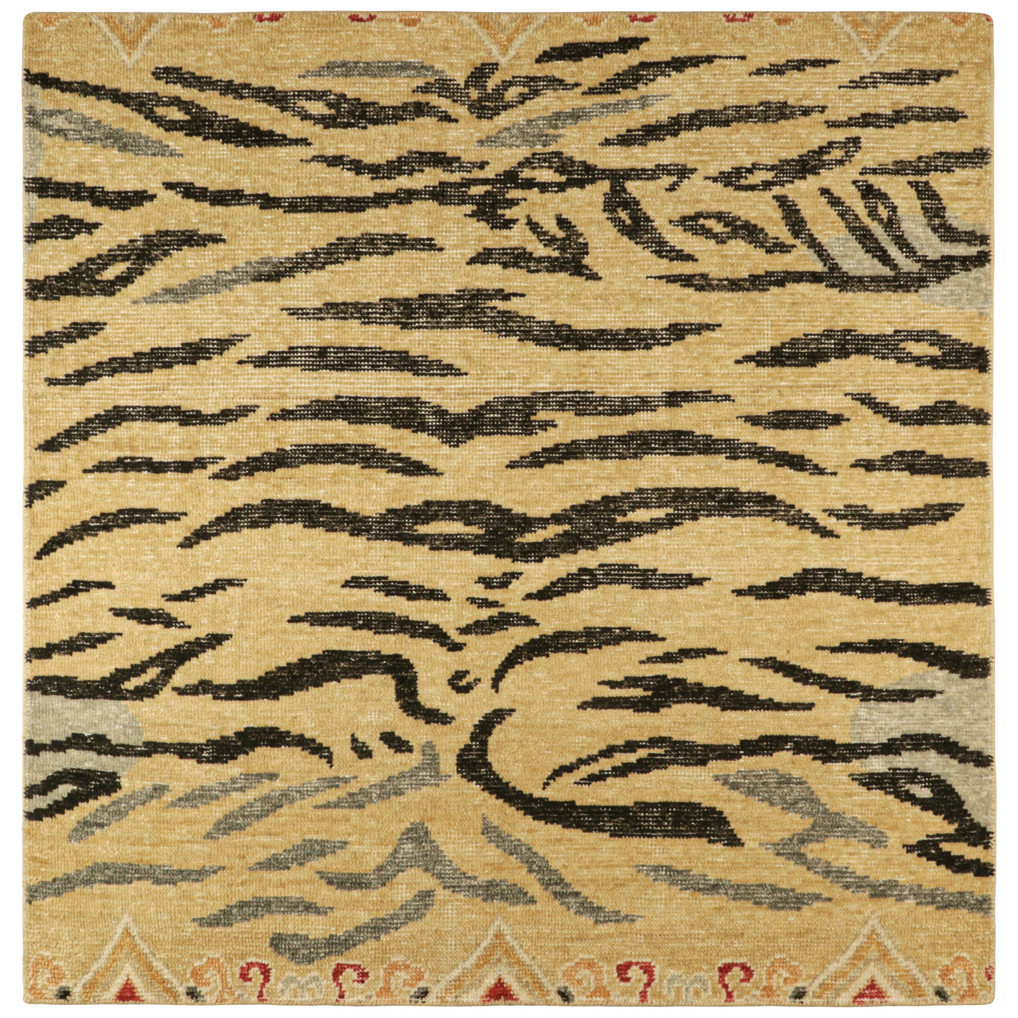 Rug & Kilim’s Distressed Square Tiger Skin Rug in Gold, Black and Gray Tones