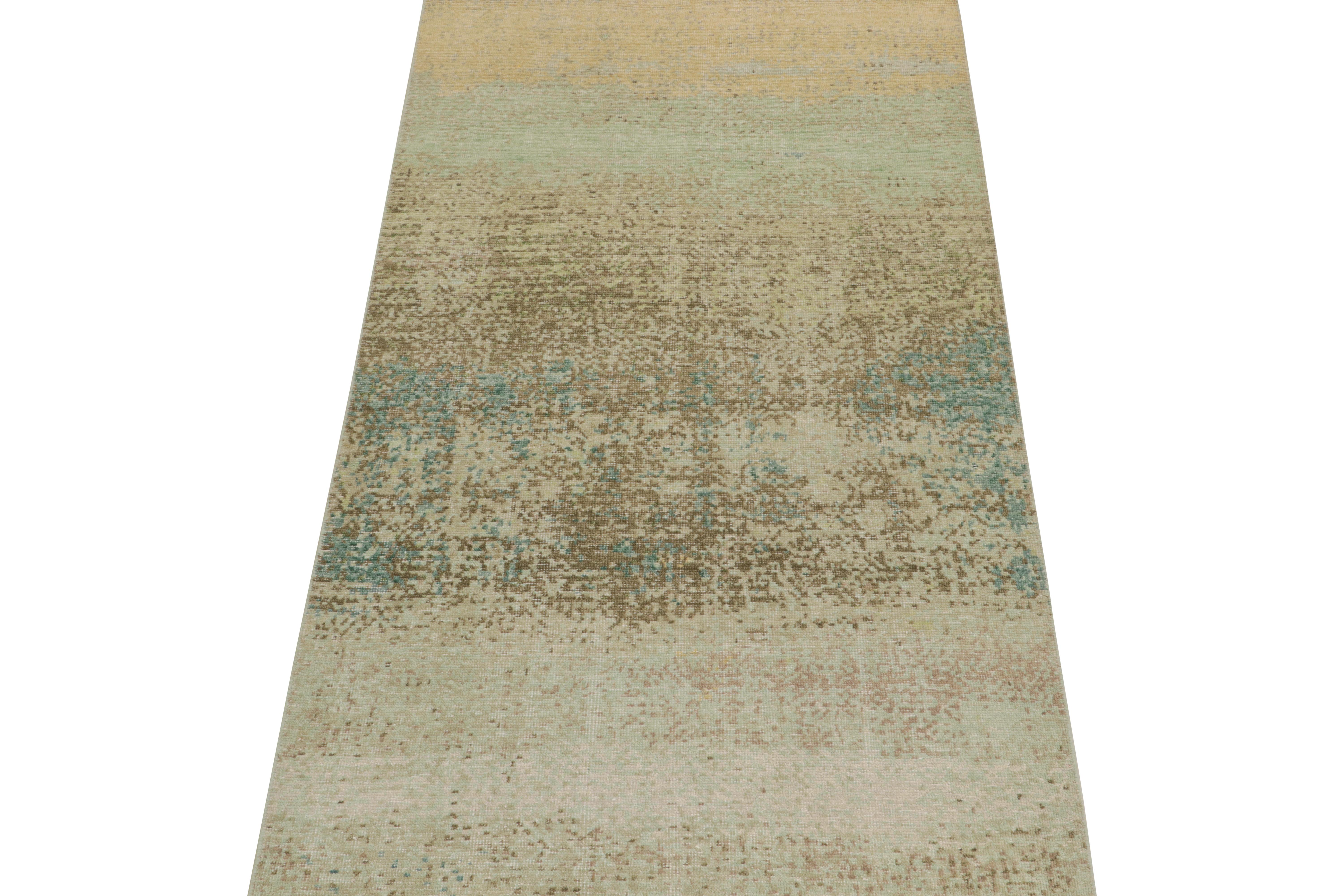 This contemporary 4x8 abstract rug is a new addition to the Homage Collection by Rug & Kilim.

Further On the Design:

Hand-knotted in wool and cotton, this design evokes a fluid play of blue, green, beige and gold layered patterns. Keen eyes might