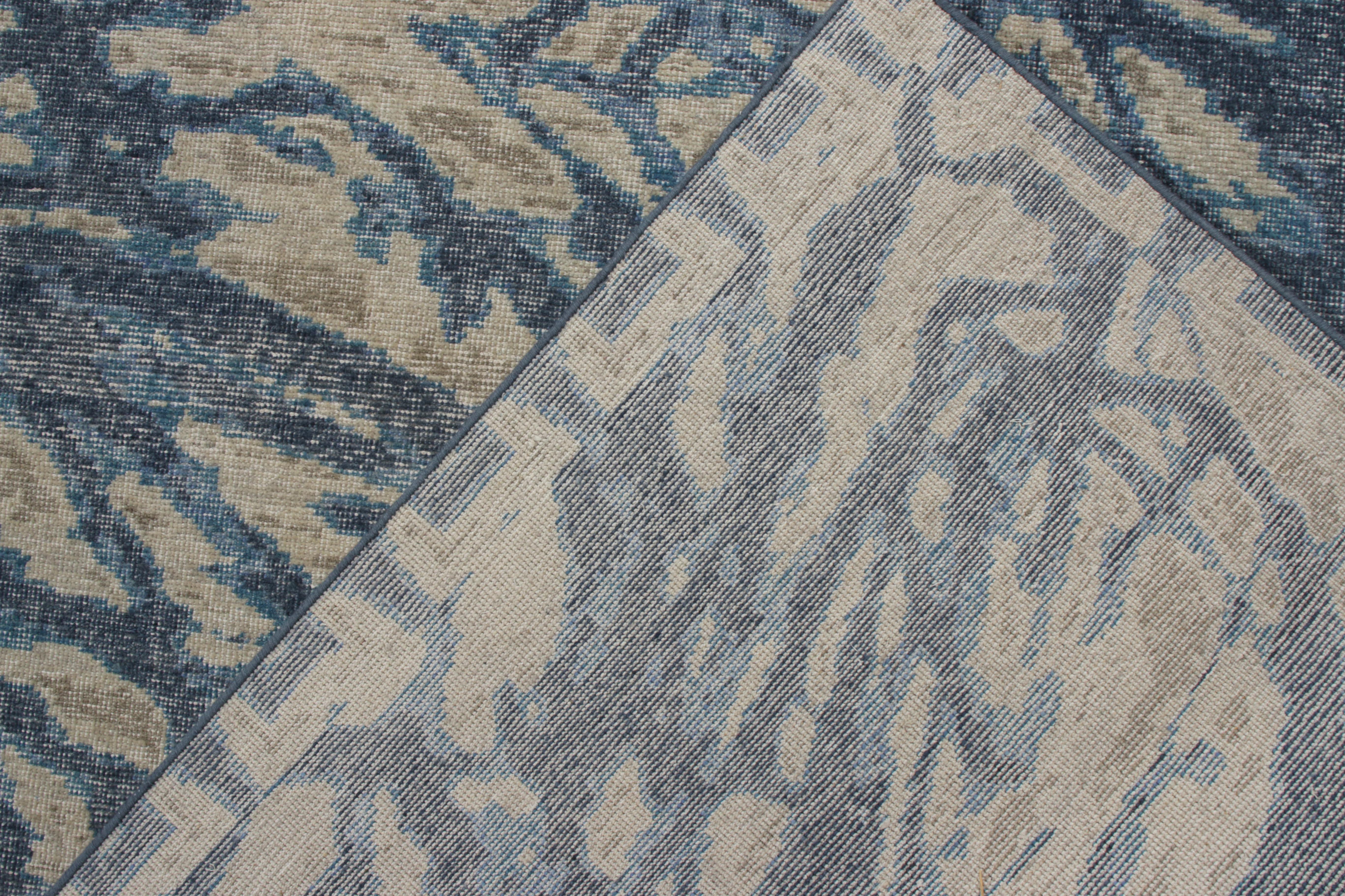 Hand-Knotted Rug & Kilim’s Distressed Style Abstract Rug in Beige, Blue Geometric Pattern For Sale
