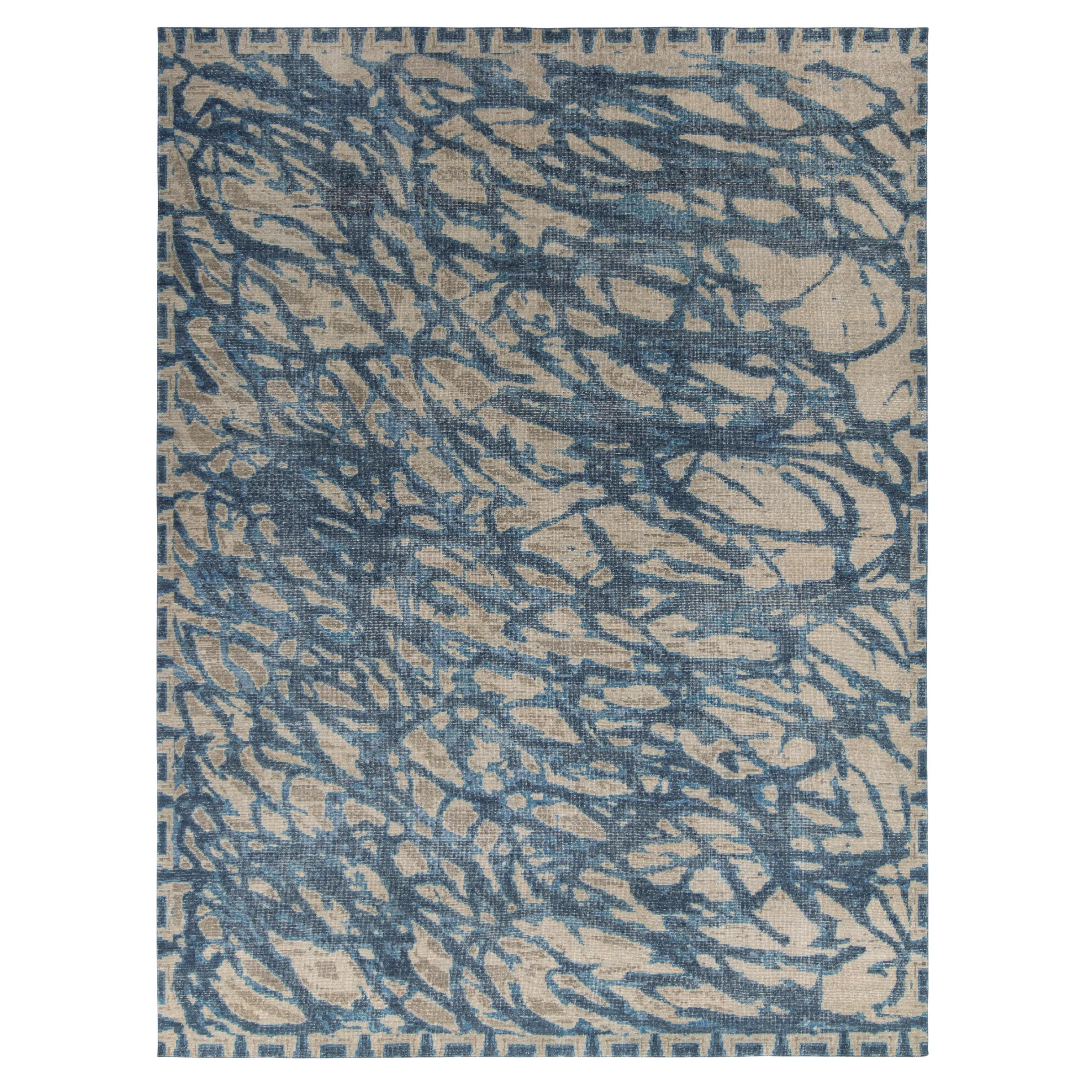 Rug & Kilim’s Distressed Style Abstract Rug in Beige, Blue Geometric Pattern For Sale