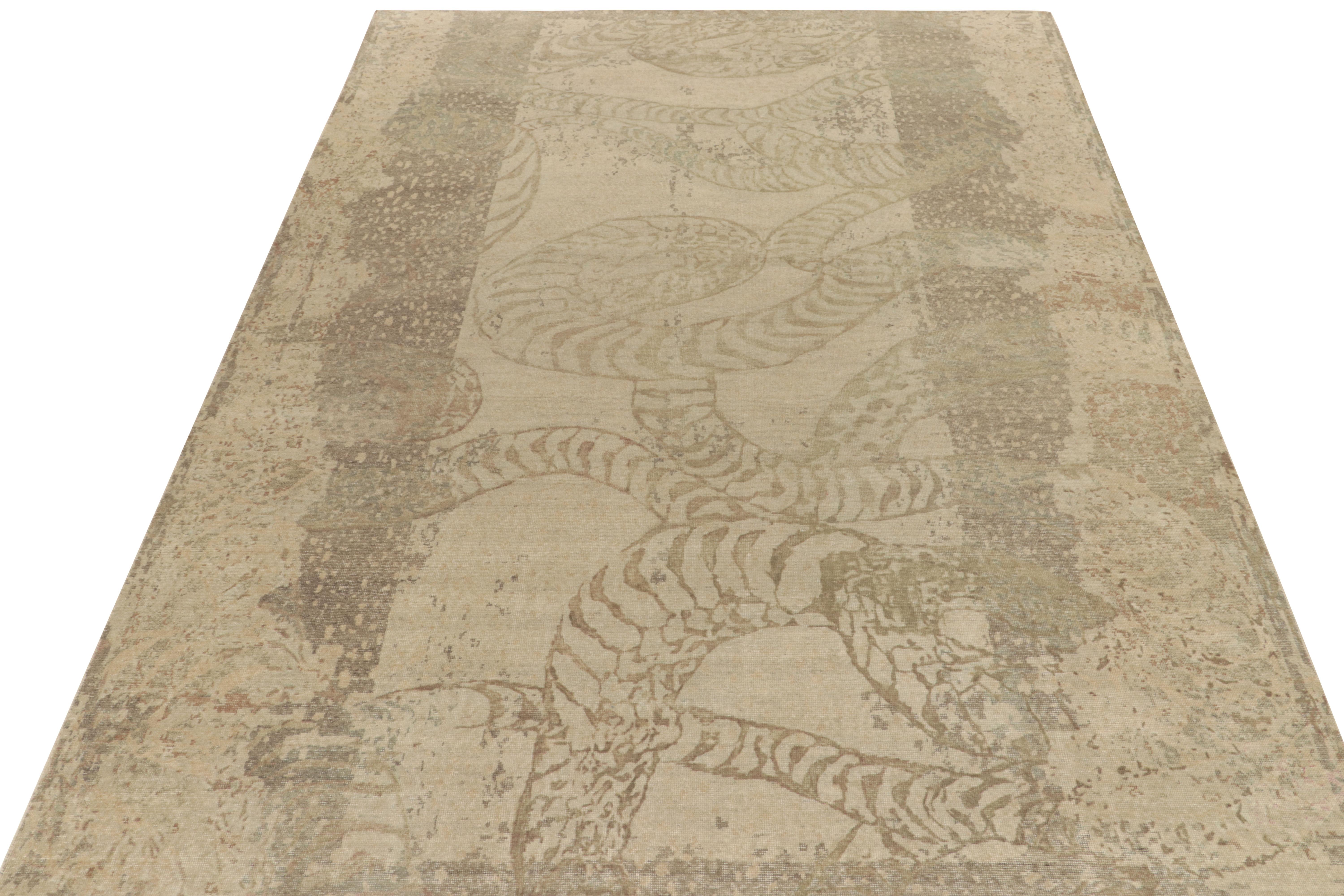 Modern Rug & Kilim's Distressed Style Abstract Rug in Beige-Brown & Gray Pattern For Sale