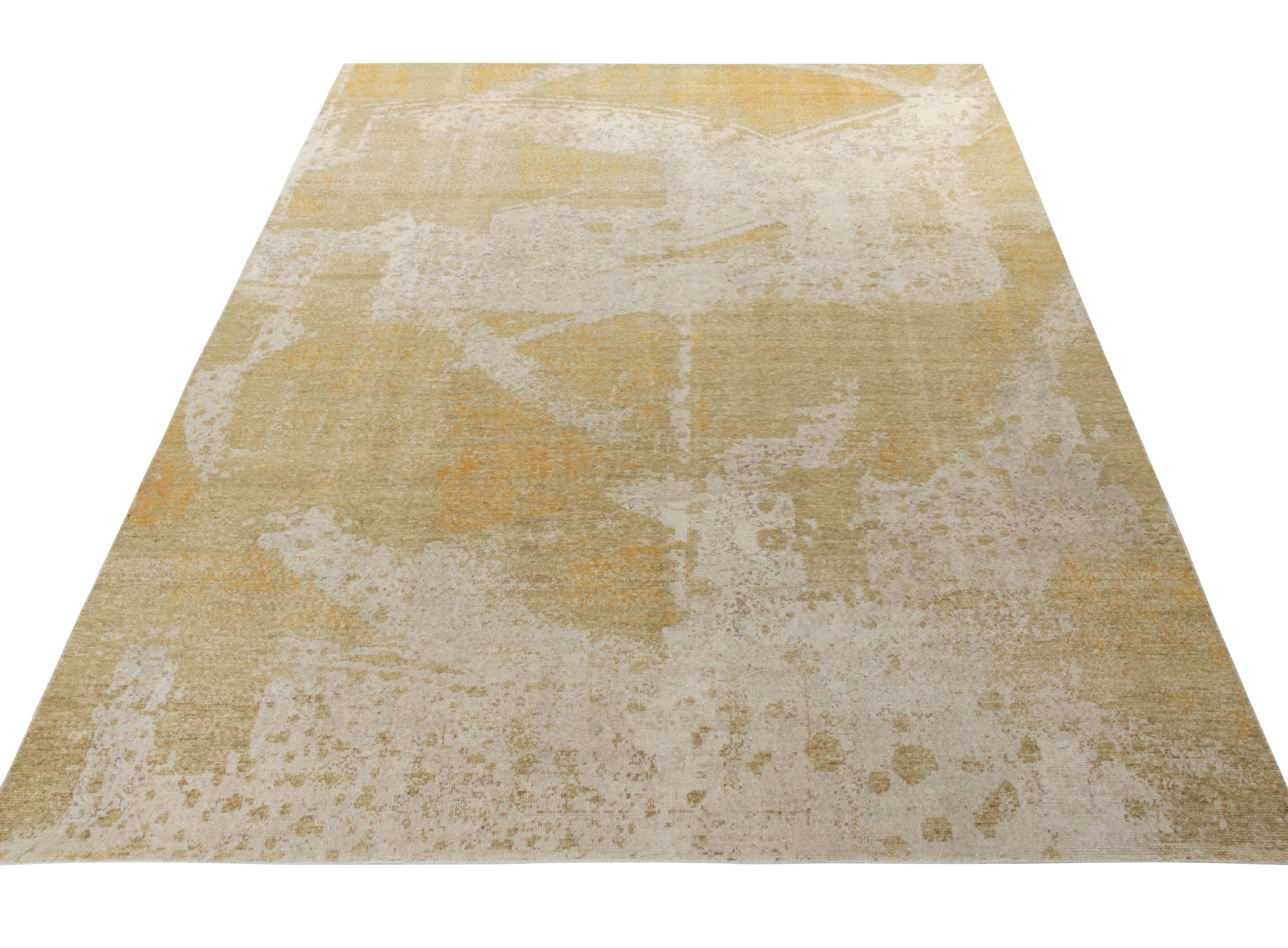 This 9 X 12 distressed style piece belongs to Rug & Kilim’s Homage collection. Hand-knotted in fine quality yarn wool, this beige-brown and gold creation embraces a modern theme donning an original abstract from our own Nikita Nagpal’s most exciting
