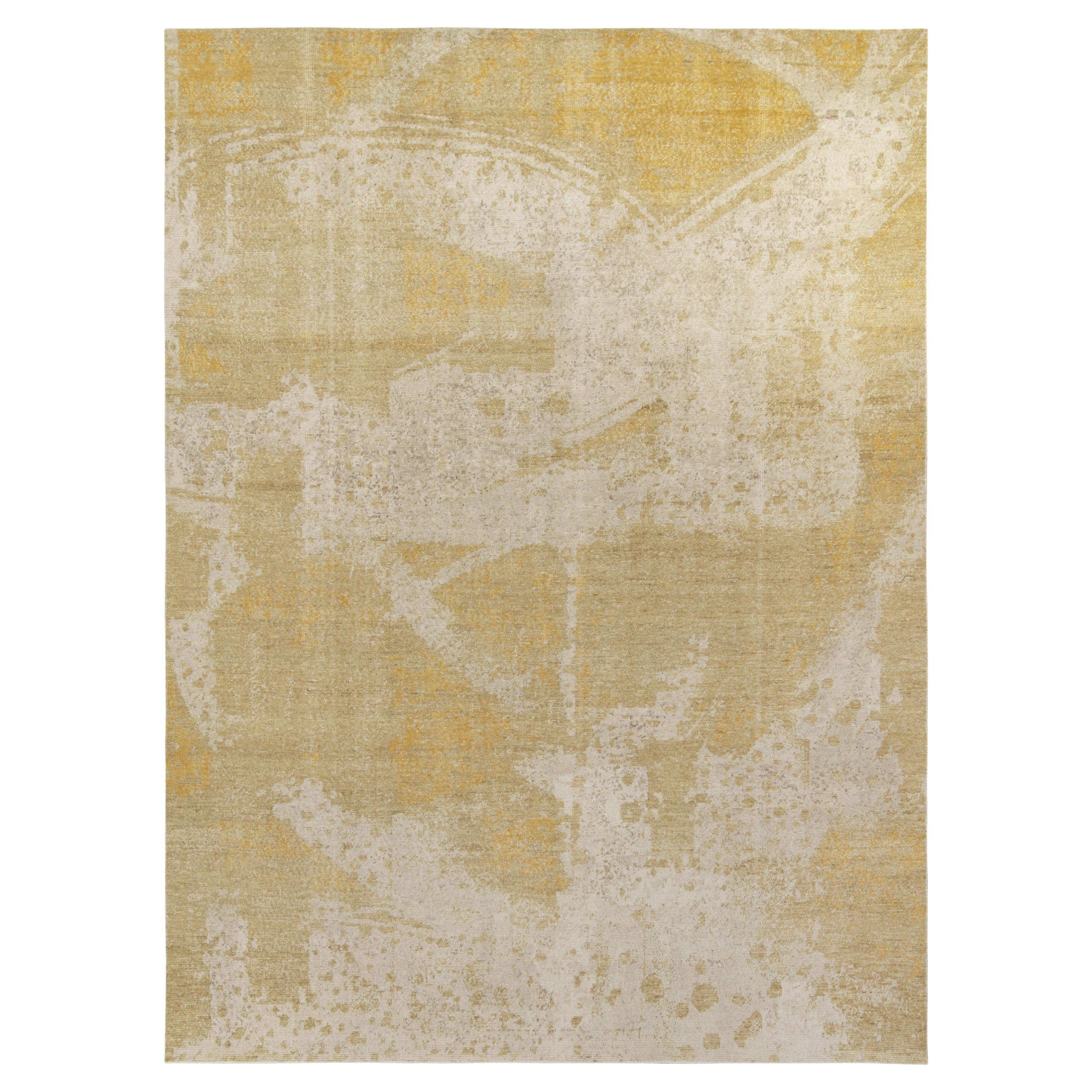 Rug & Kilim’s Distressed Style Abstract Rug in Beige, Golden Abstract pattern