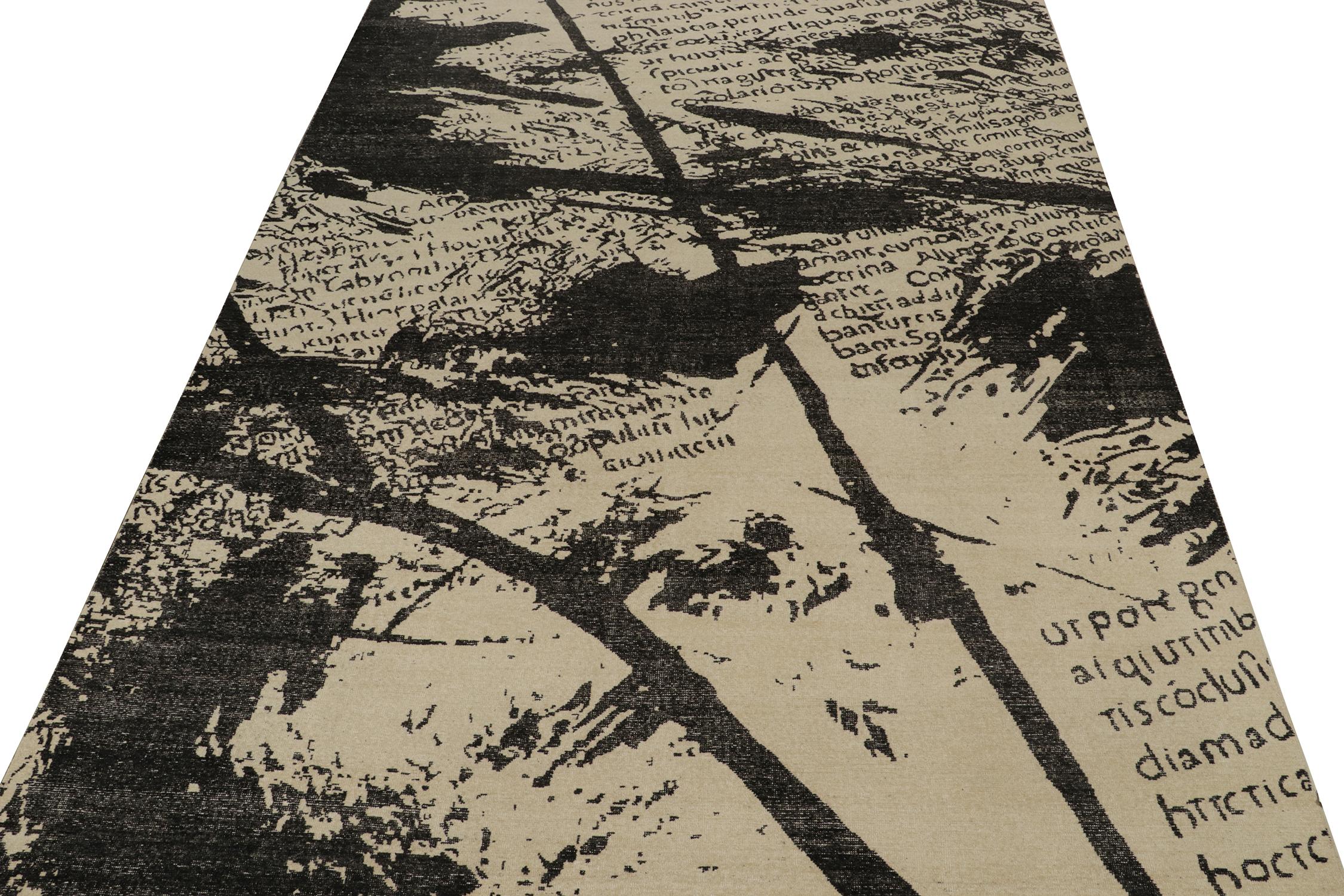 Modern Rug & Kilim’s Distressed Style Abstract Rug in Beige with Black Script and Patte For Sale