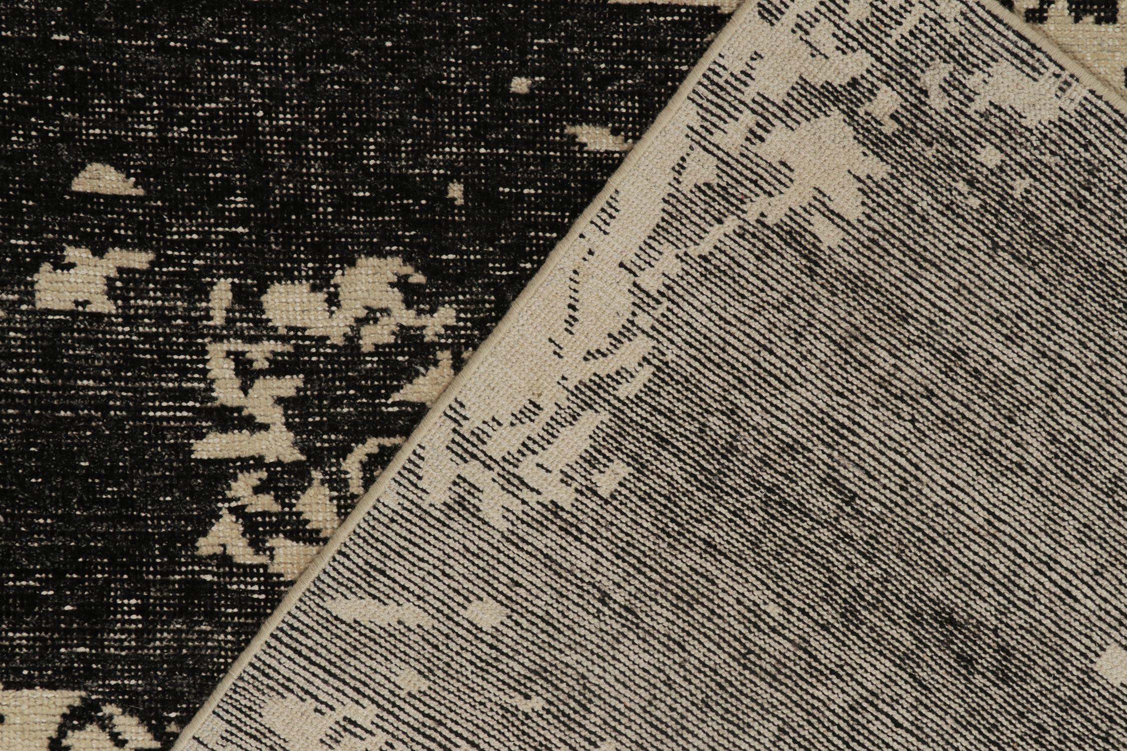 Contemporary Rug & Kilim’s Distressed Style Abstract Rug in Beige with Black Script and Patte For Sale