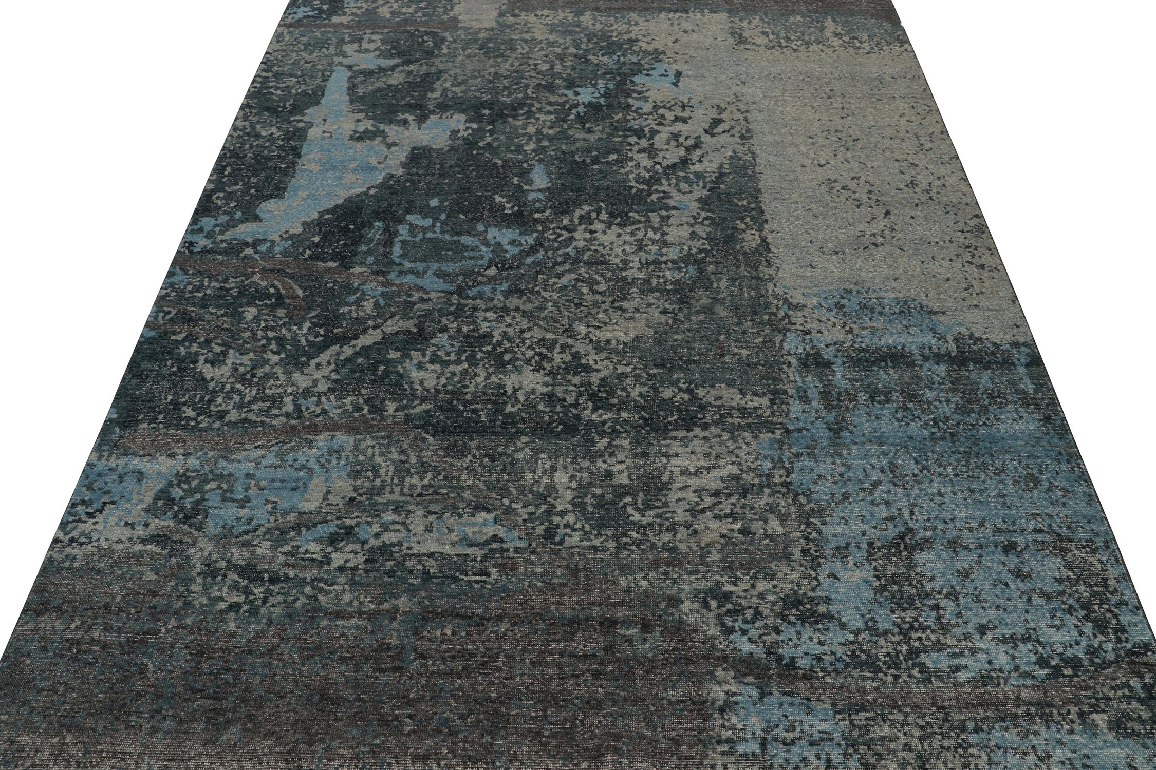 Modern Rug & Kilim’s Distressed Style Abstract Rug in Blue and Gray Patterns For Sale