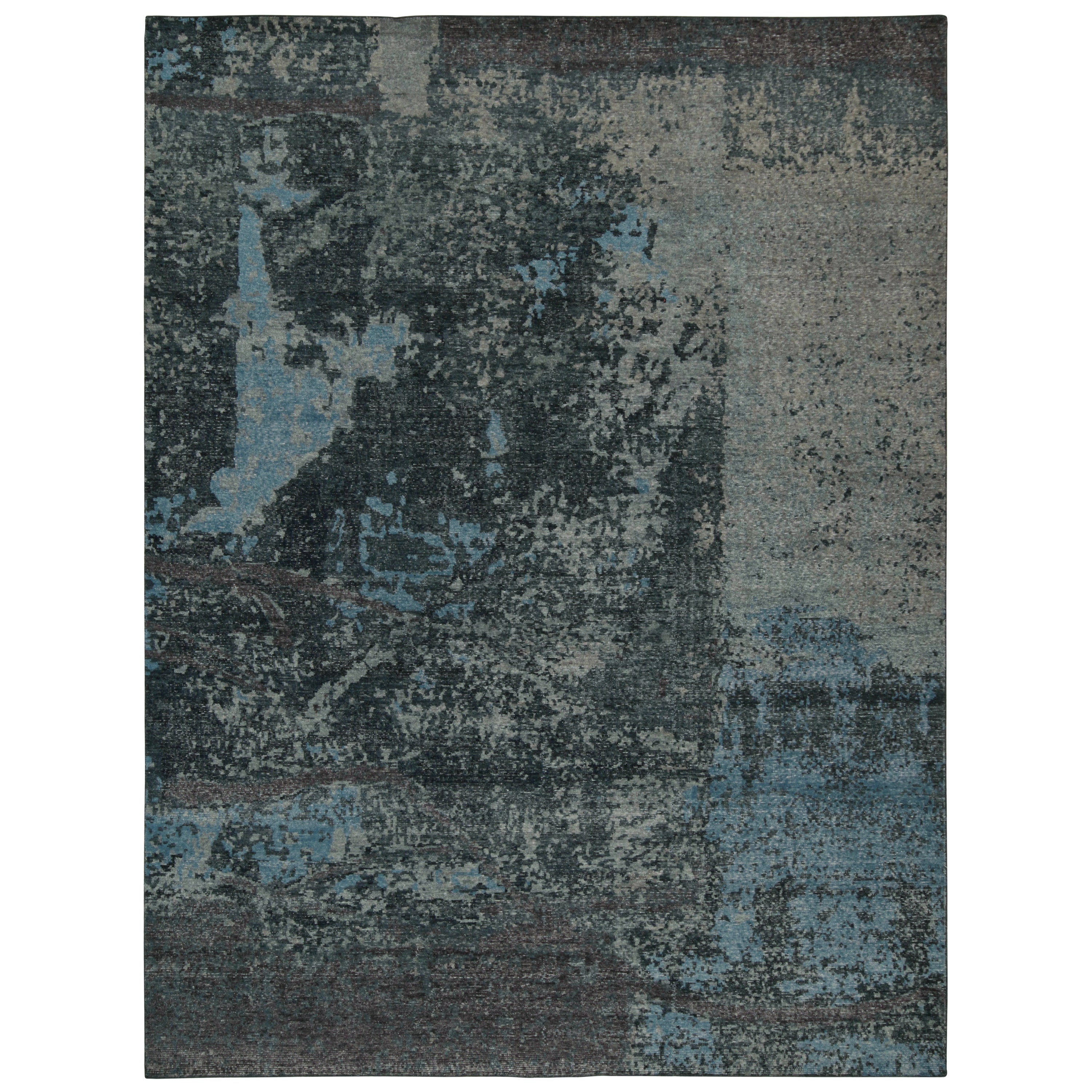 Rug & Kilim’s Distressed Style Abstract Rug in Blue and Gray Patterns For Sale