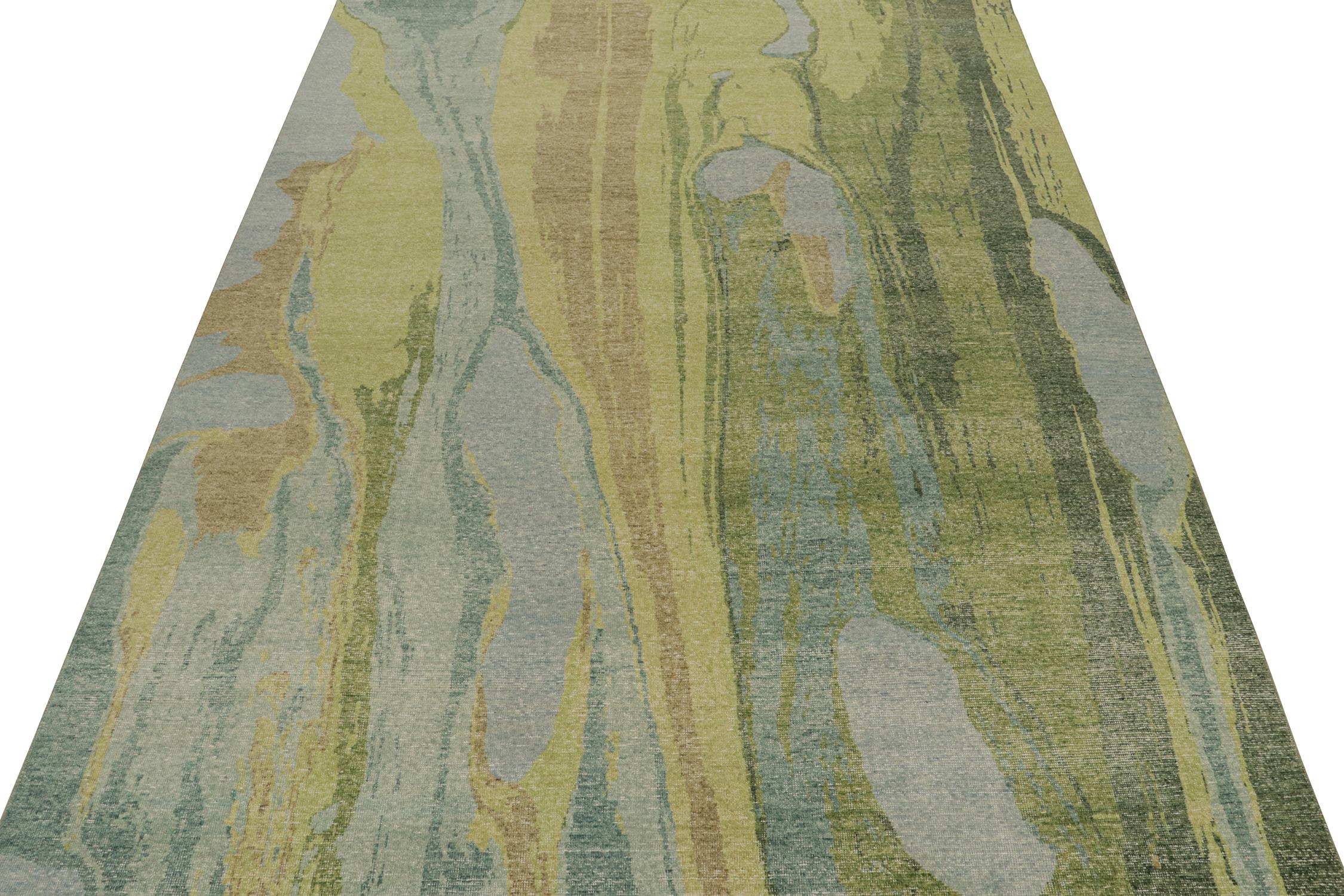 Modern Rug & Kilim’s Distressed Style Abstract Rug in Blue and Green For Sale
