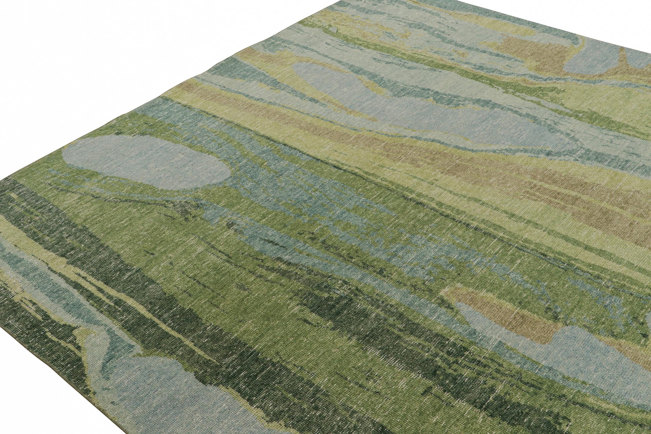 Hand-Knotted Rug & Kilim’s Distressed Style Abstract Rug in Blue and Green For Sale