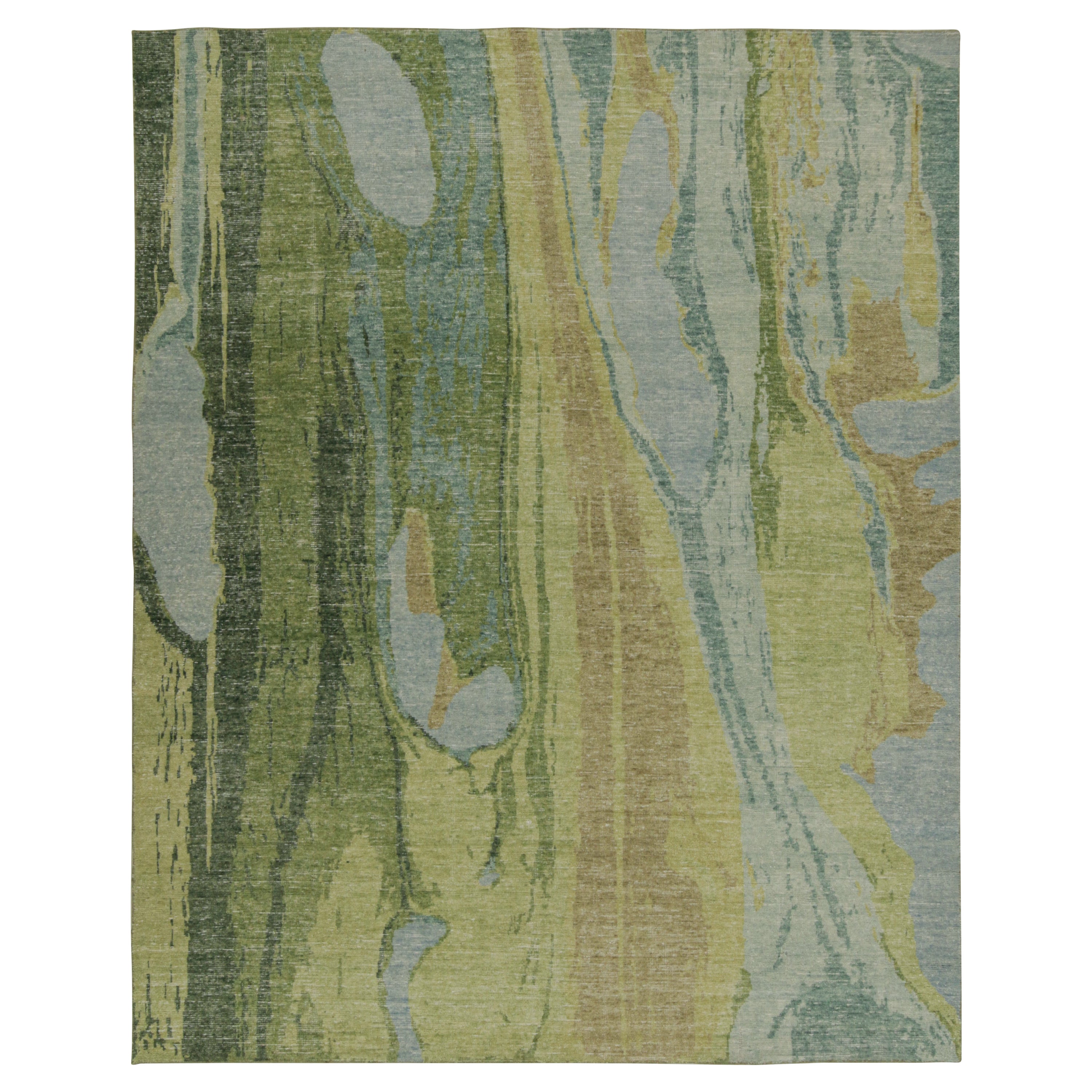 Rug & Kilim’s Distressed Style Abstract Rug in Blue and Green For Sale