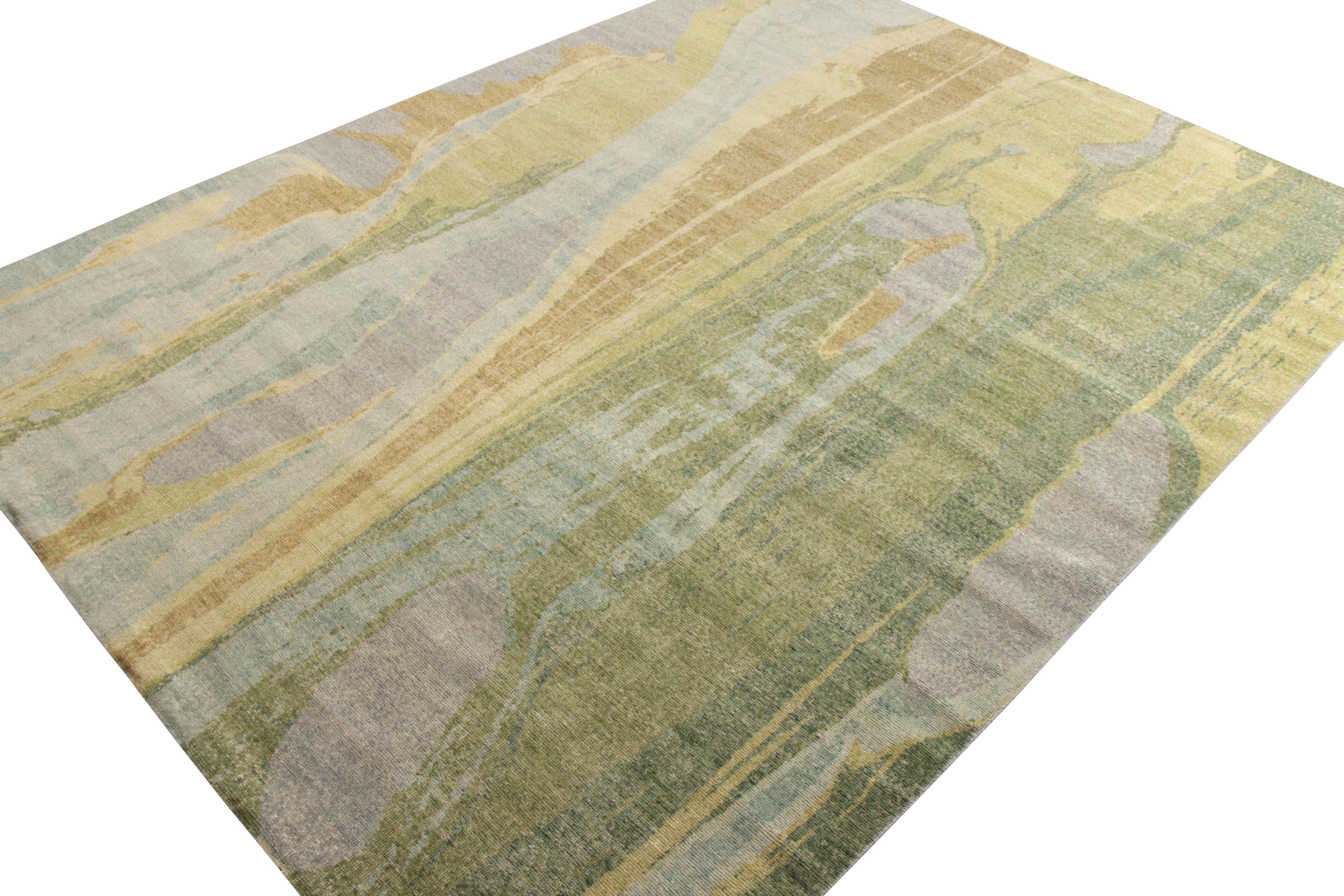 Modern Rug & Kilim’s Distressed Style Abstract Rug in Blue and Green Geometric Pattern For Sale