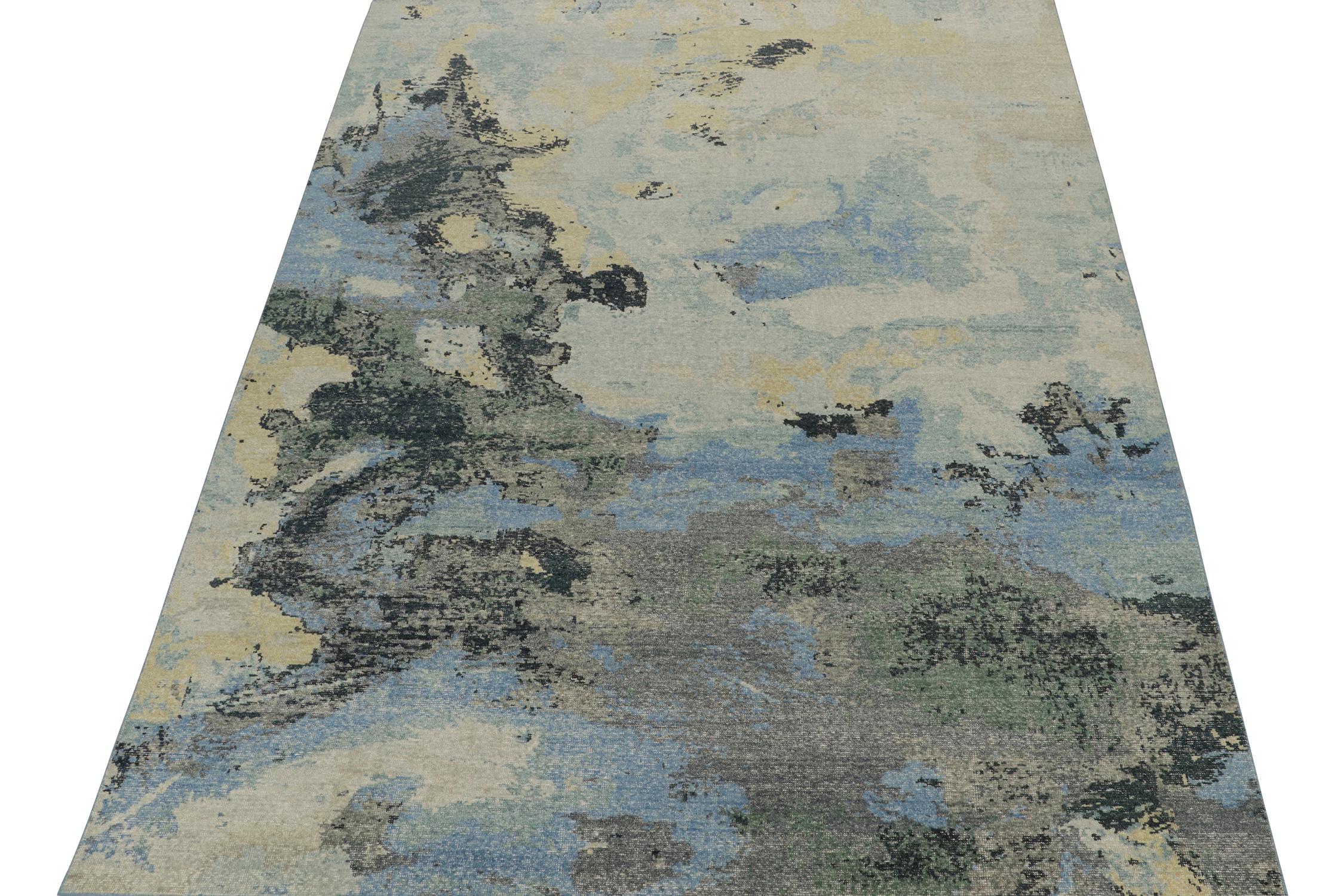 This contemporary 9x12 abstract rug is a new addition to the Homage Collection by Rug & Kilim.

Further On the Design:

Hand-knotted in wool, this design evokes a fluid play blue, charcoal, and beige paint strokes. Keen eyes might see a nod to