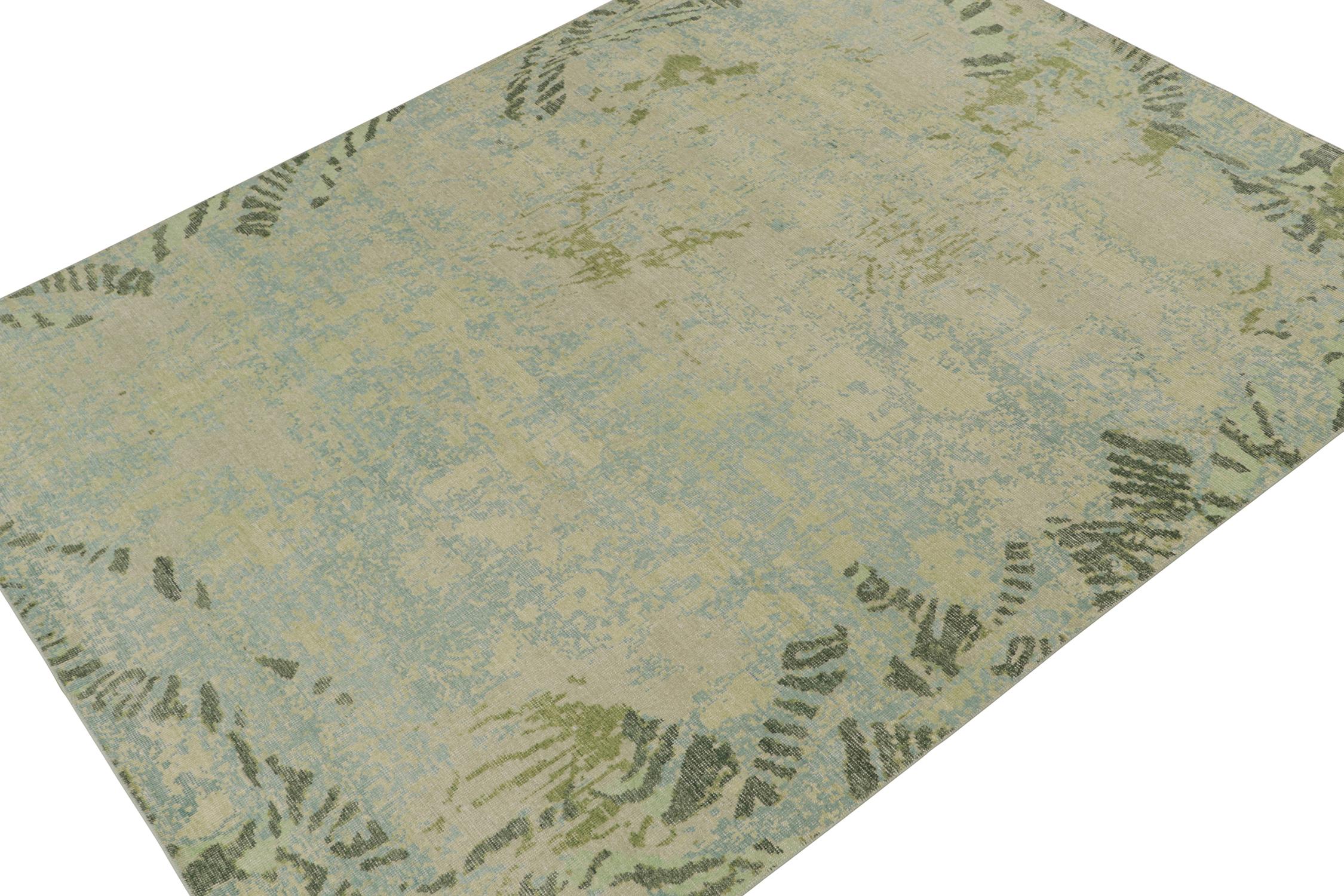 This contemporary 9x12 abstract rug is a new addition to the Homage Collection by Rug & Kilim. Hand-knotted in wool and cotton.

Further On the Design:

This design evokes a playful harmony of sky blue, silver, and chartreuse green colors with