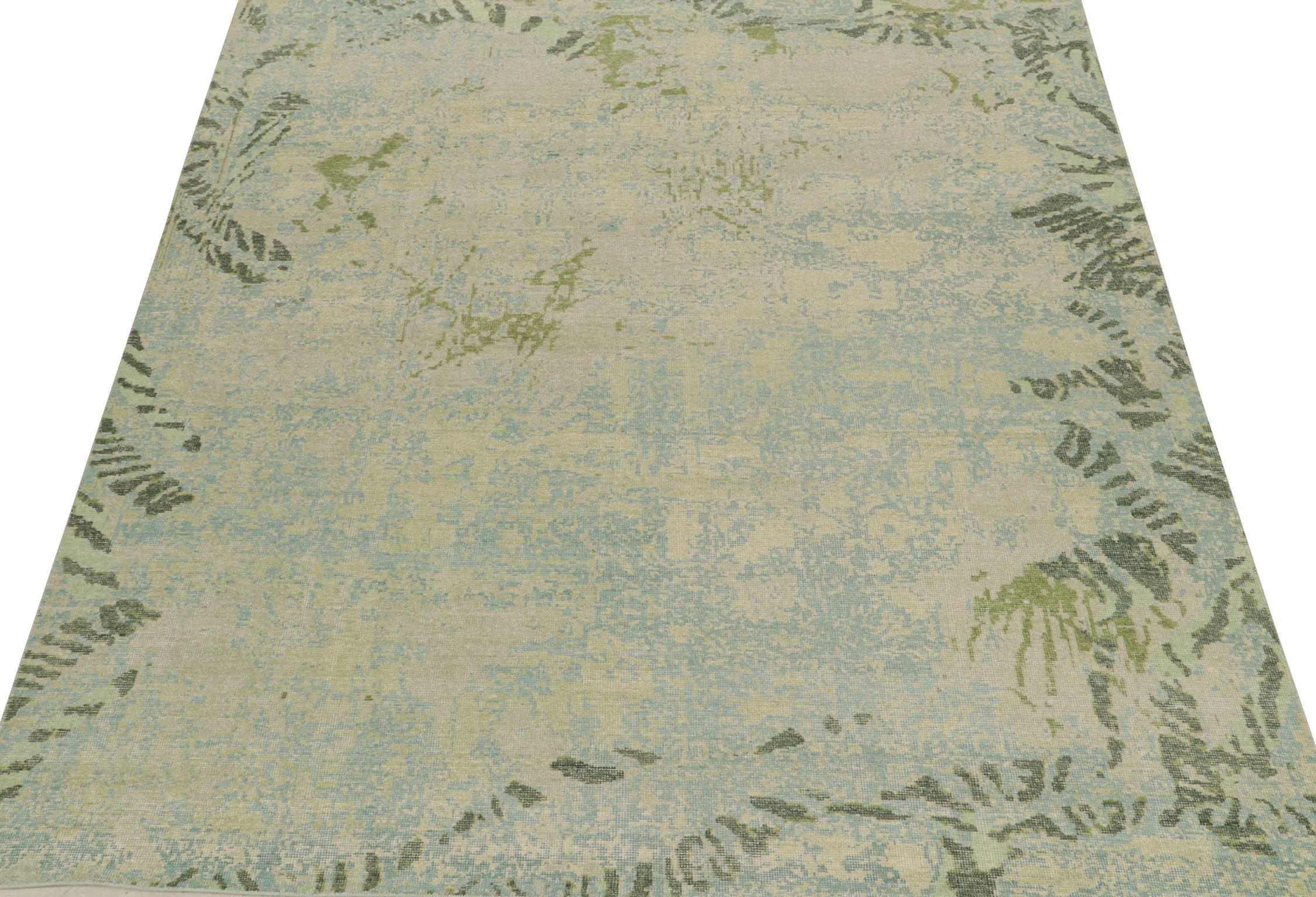 Modern Rug & Kilim’s Distressed Style Abstract Rug in Blue, Gray and Green Pattern For Sale