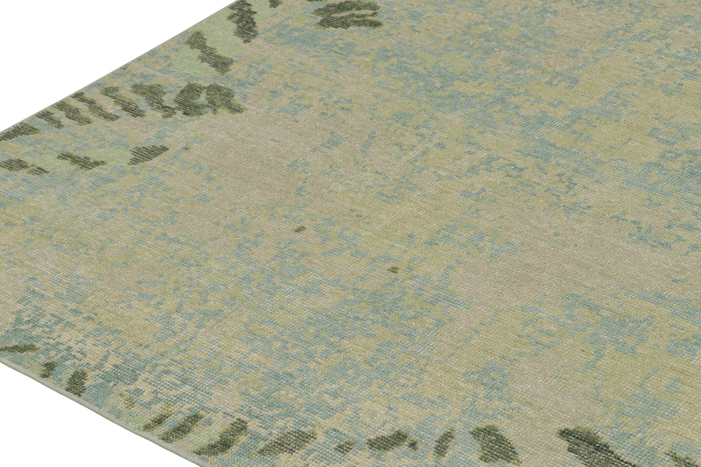 Hand-Knotted Rug & Kilim’s Distressed Style Abstract Rug in Blue, Gray and Green Pattern For Sale