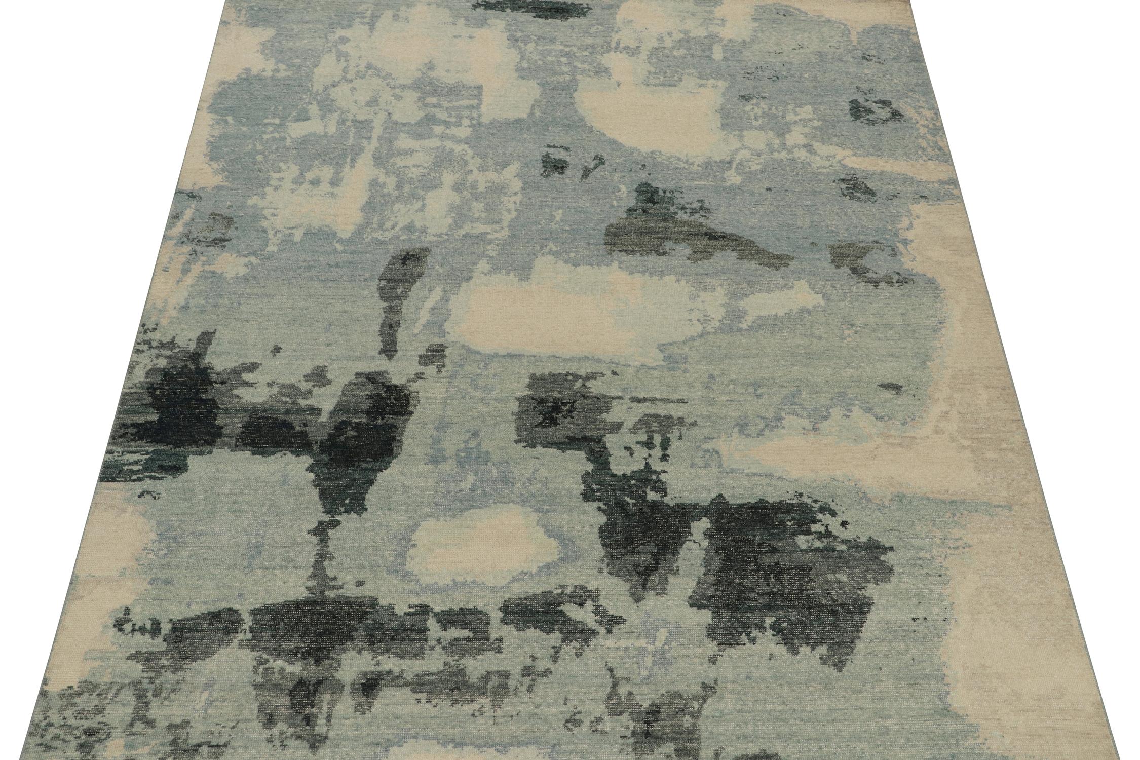 Modern Rug & Kilim’s Distressed Style Abstract Rug in Blue, Ivory and Gray For Sale