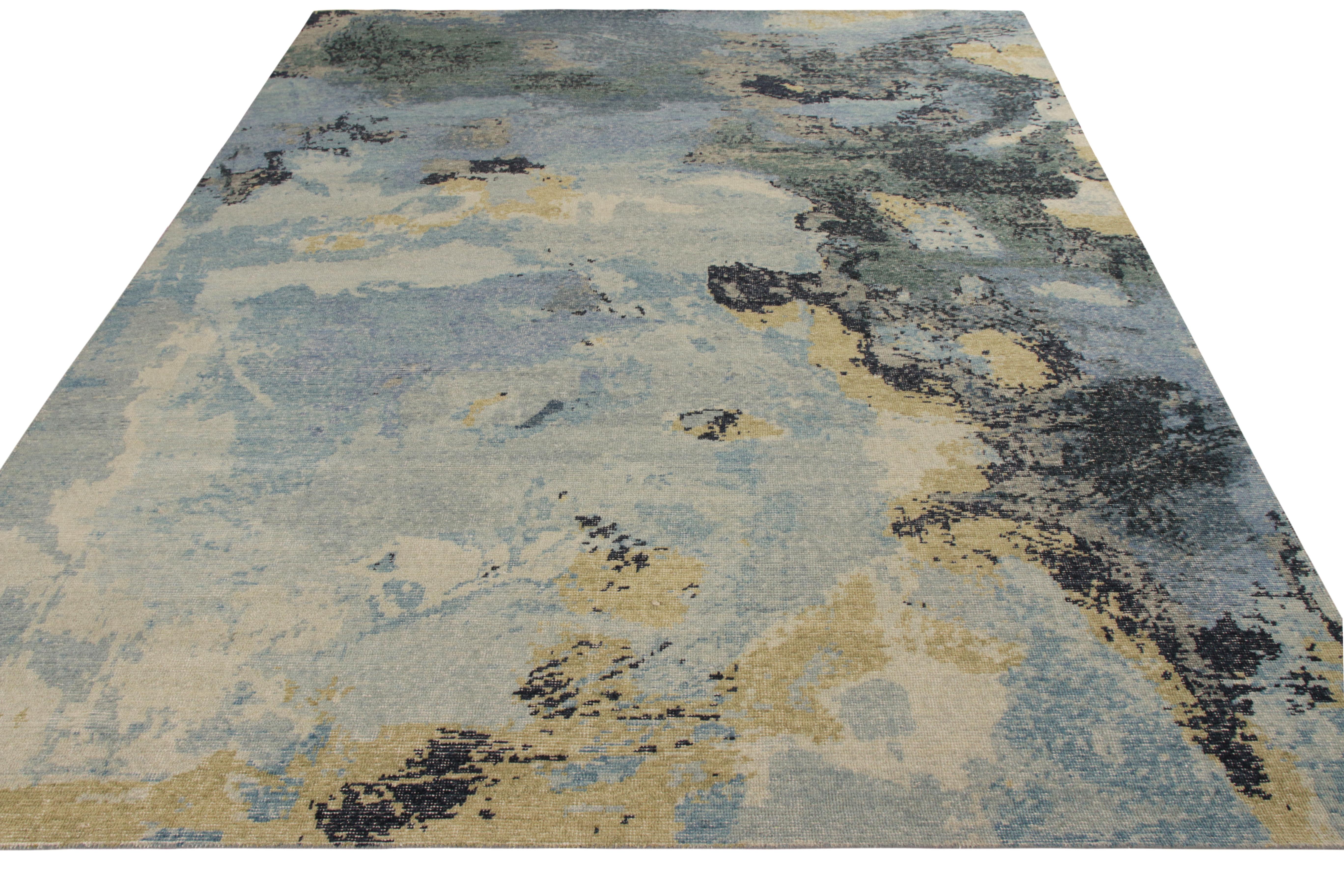 An 8x10 from the modern selections in Rug & Kilim’s Homage Collection, nodding to a meticulous abstract painterly rug style. Hand knotted wool with a shabby-chic, distressed texture playing beautifully with these dreamy hues. Prevailing blues,