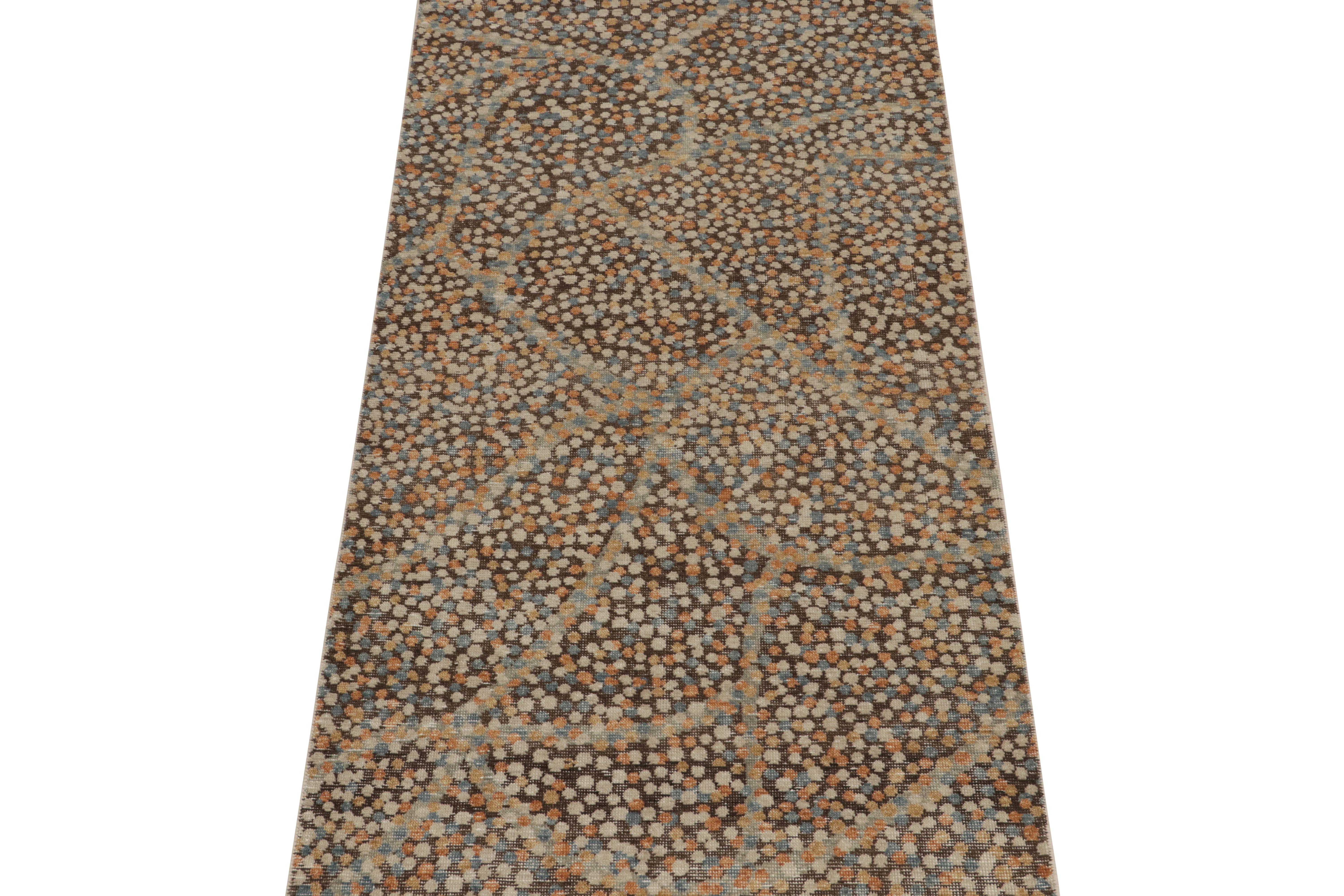 This contemporary 4x8 abstract rug is a new addition to the Homage Collection by Rug & Kilim. Hand-knotted in wool and cotton.

Further On the Design:

This design joins our “Dots” line with finely detailed, playful patterns in orange, gold, blue,