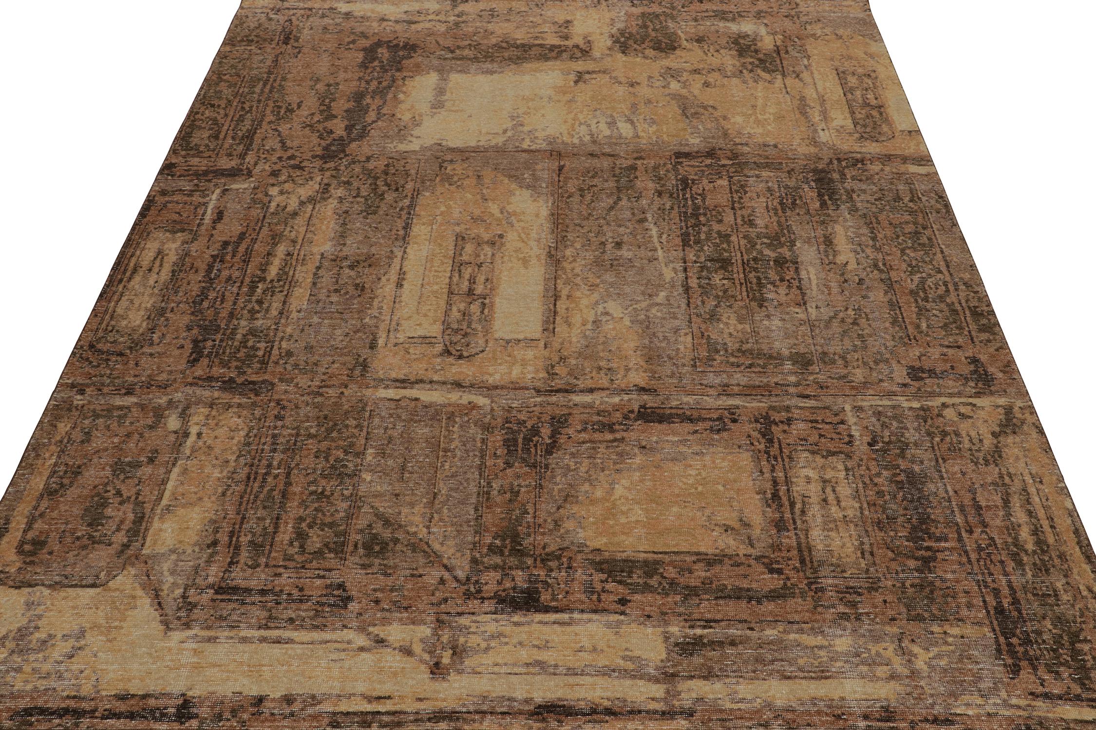 Modern Rug & Kilim’s Distressed Style Abstract Rug in Gold, Brown and Purple Patterns For Sale