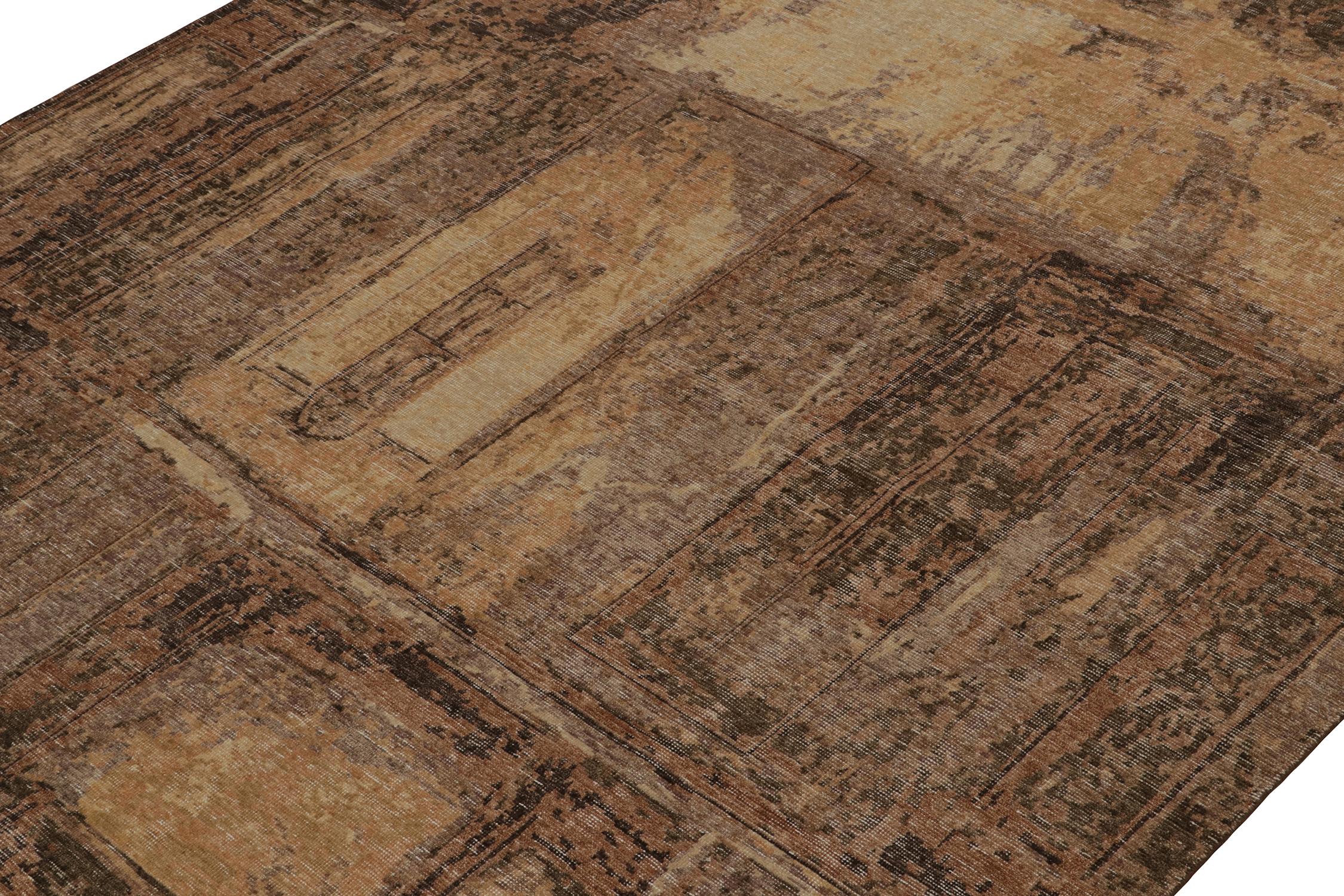 Indian Rug & Kilim’s Distressed Style Abstract Rug in Gold, Brown and Purple Patterns For Sale