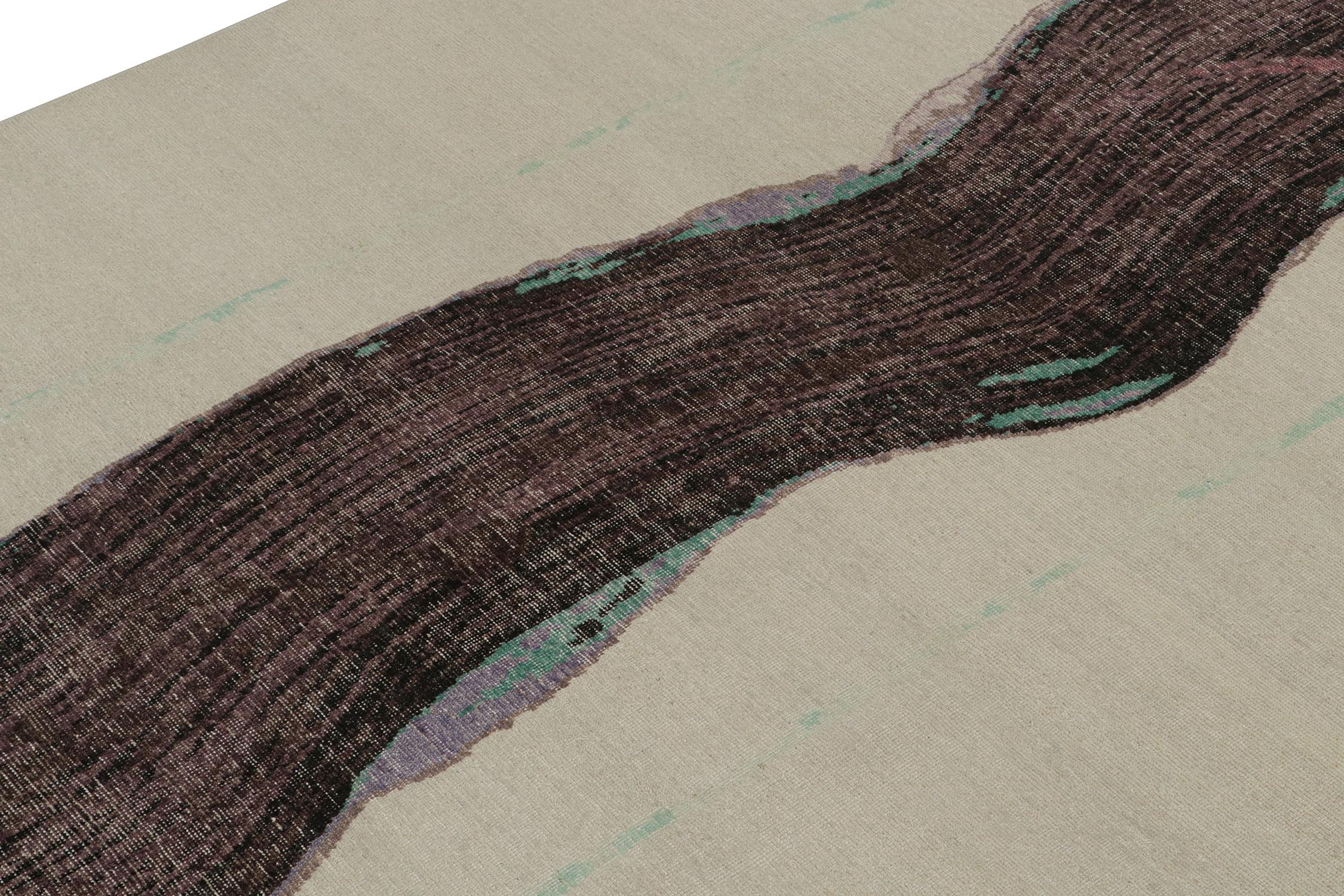 Indien Rug & Kilim's Distressed style Abstract rug in Gray with Purple Pattern (tapis abstrait gris à motifs violets) en vente