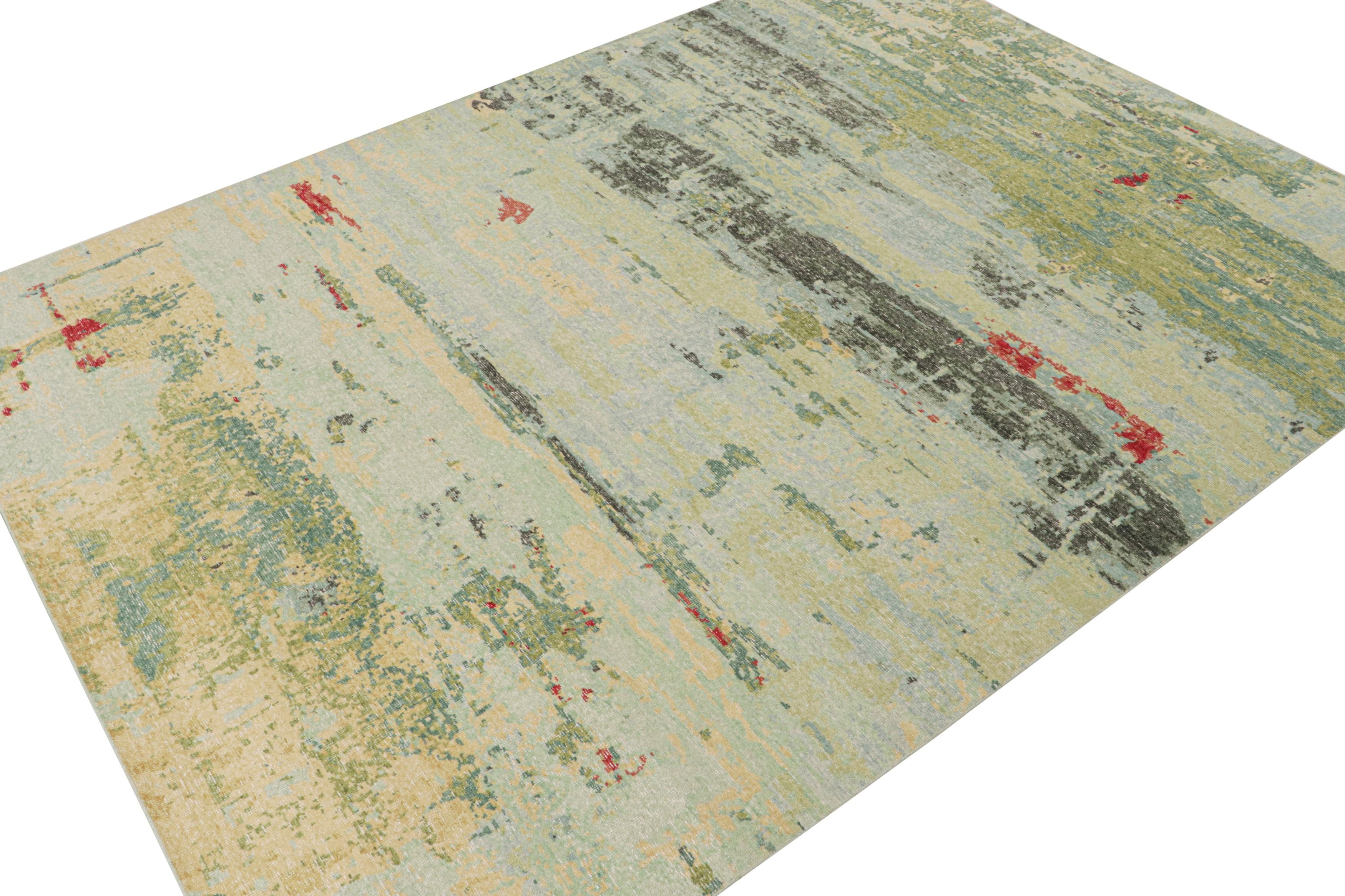 Dieser zeitgenössische abstrakte Teppich im Format 9x12 ist ein Neuzugang in der Homage Collection'S von Rug & Kilim.

Weiter zum Design:

Das aus Wolle und Baumwolle handgeknüpfte Design zeichnet sich durch ein fließendes Spiel von polychromen