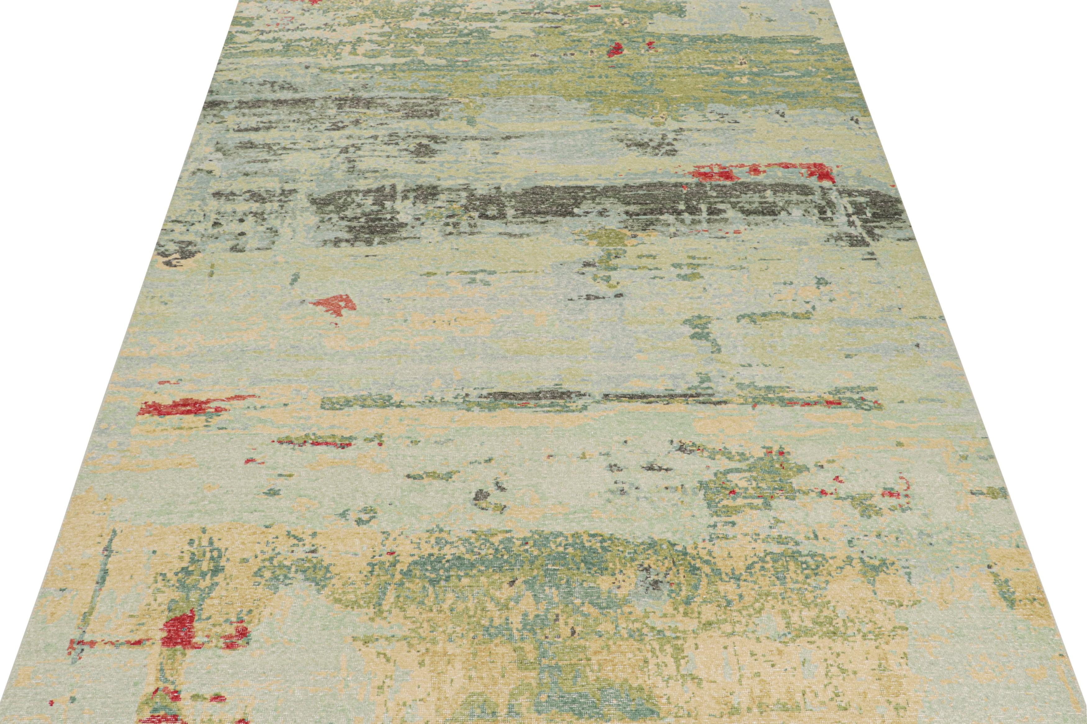 Modern Rug & Kilim’s Distressed Style Abstract Rug in Green and Blue  For Sale