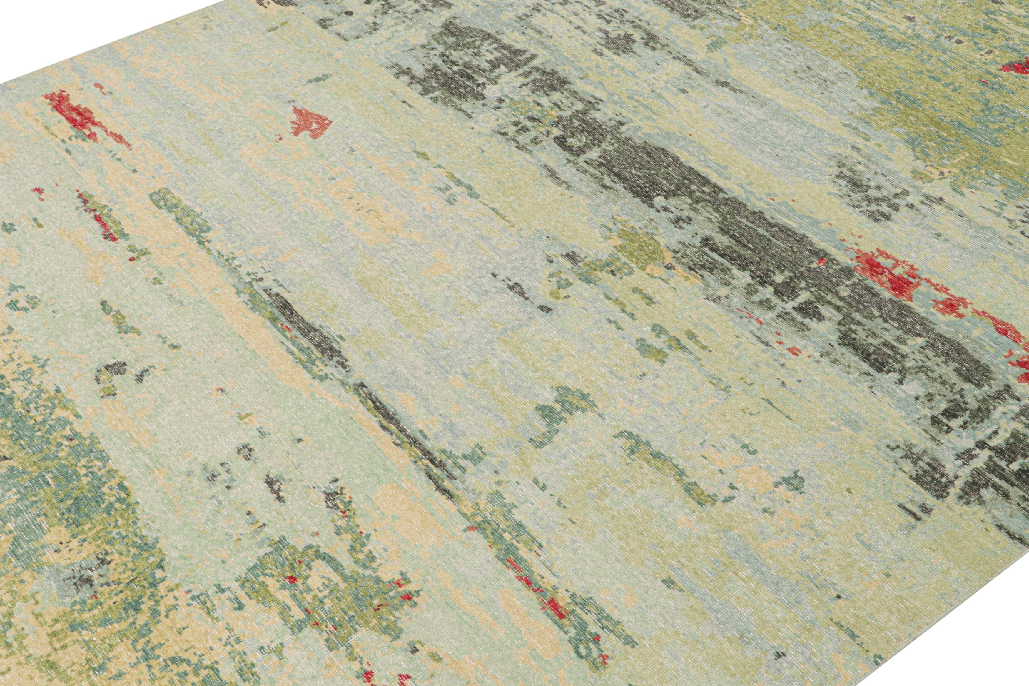 Indian Rug & Kilim’s Distressed Style Abstract Rug in Green and Blue  For Sale