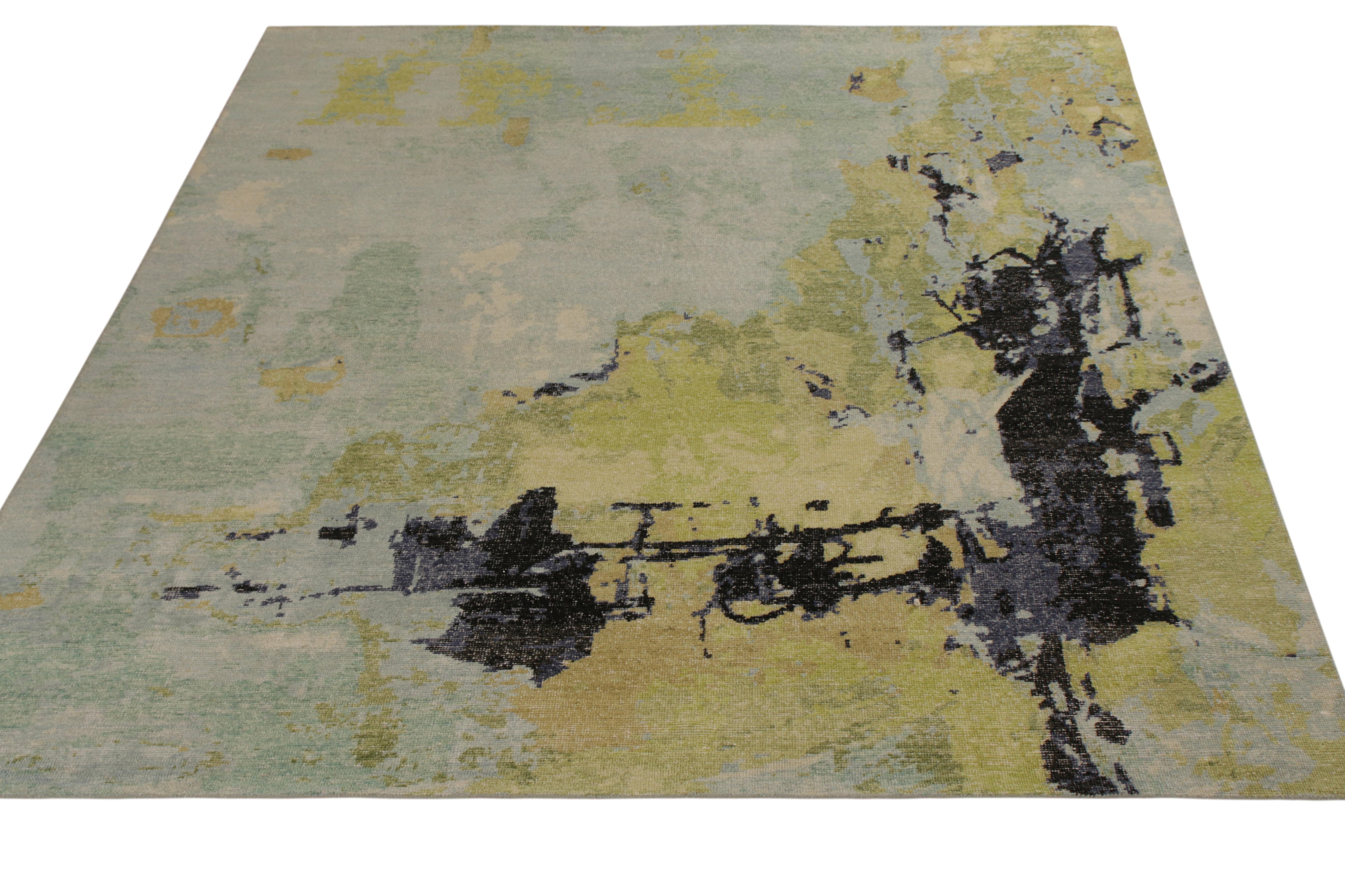 An 8x10 from the modern selections in Rug & Kilim’s Homage Collection, nodding to a meticulous abstract painterly rug style. Hand knotted wool with a shabby-chic, distressed texture playing beautifully with these dreamy hues. A distinctive green and