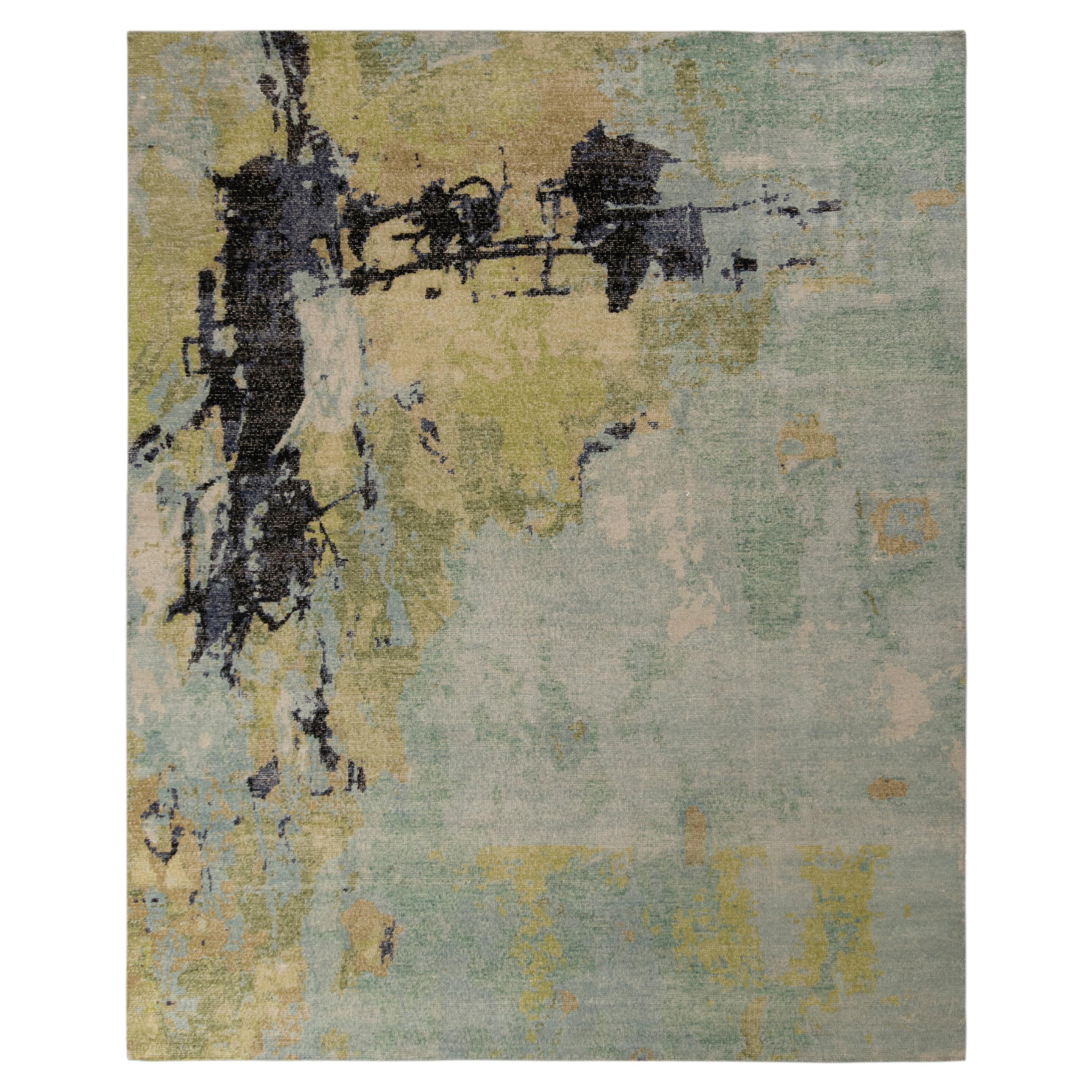 Rug & Kilim’s Distressed Style Abstract Rug in Green Multicolor All Over Pattern
