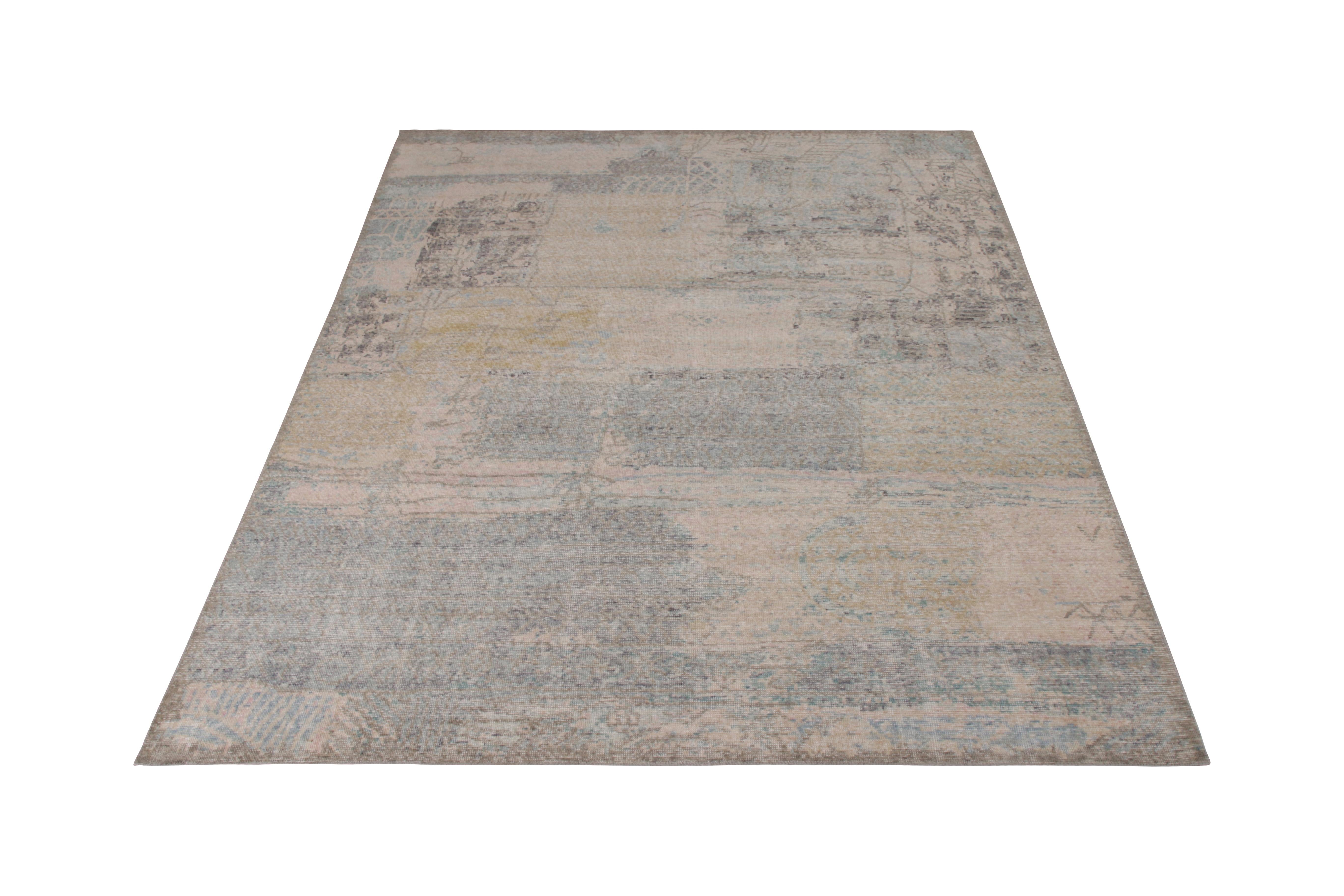 Handmade in a refined, low-pile wool with a comfortable wash achieving this shabby-chic distressed style, this 8 x 10 abstract rug joins the Homage Collection by Rug & Kilim, representing an encyclopedic approach to reimagining classic and modern