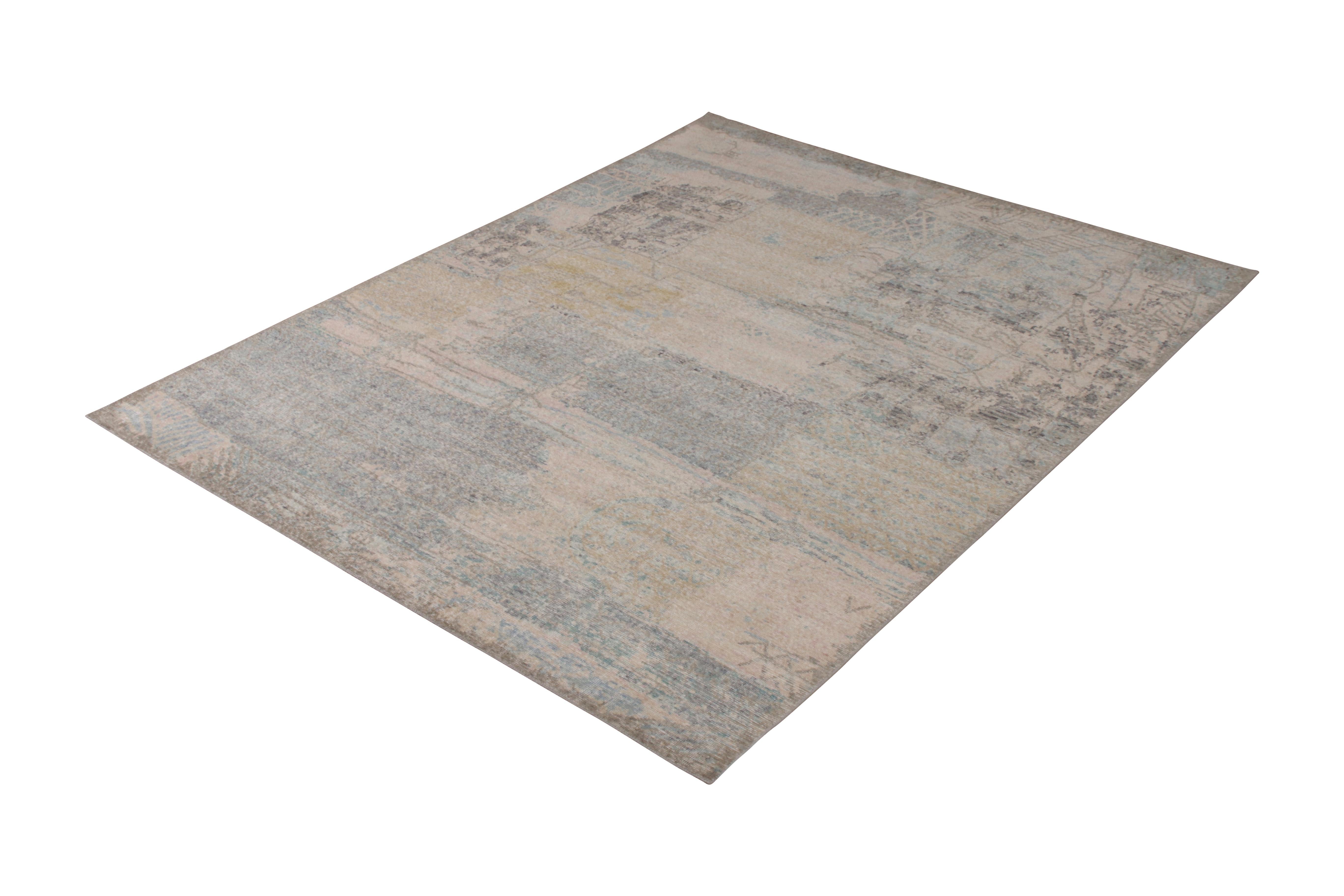 Modern Rug & Kilim’s Distressed Style Abstract Rug in Pink and Blue All-Over Pattern For Sale