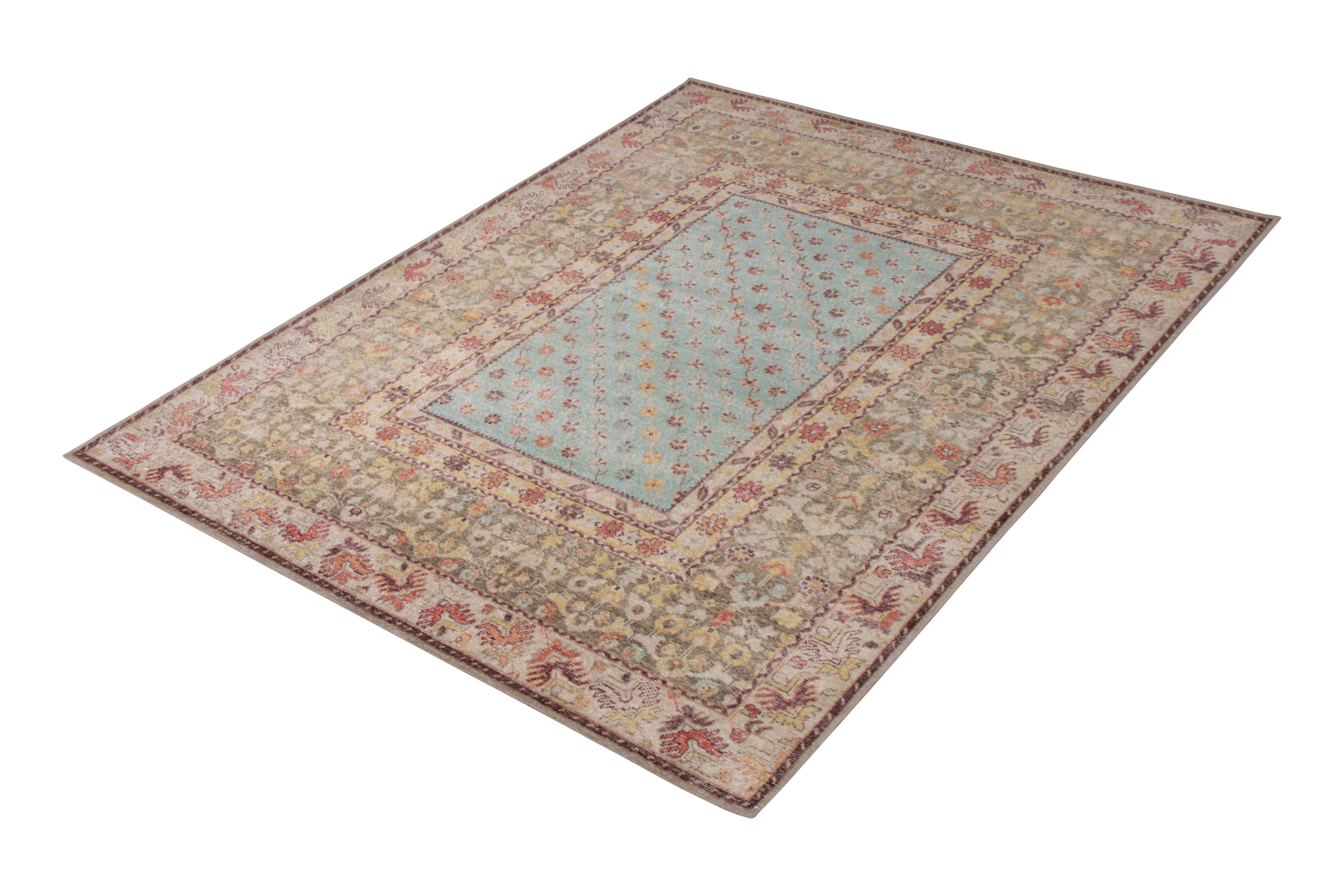 Indian Rug & Kilim’s Distressed Style Abstract Rug in Pink and Blue All Over Pattern For Sale