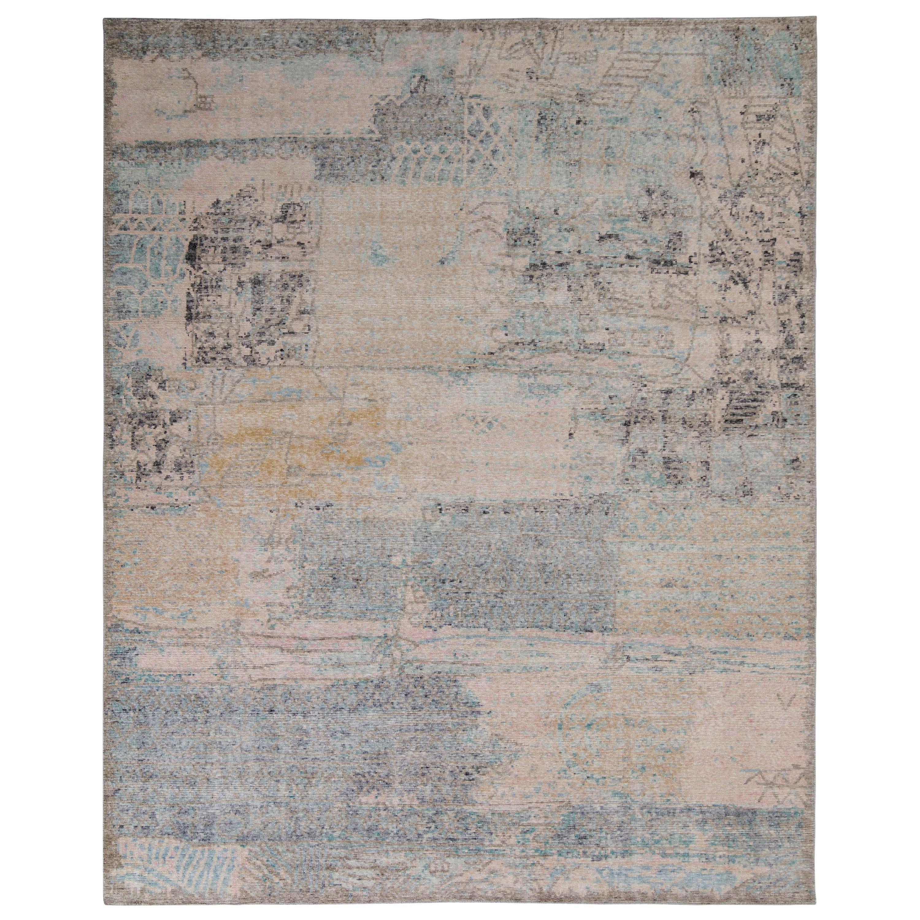 Abstrakter Teppich im Distressed-Stil von Rug & Kilim in rosa und blauem All-Over-Muster