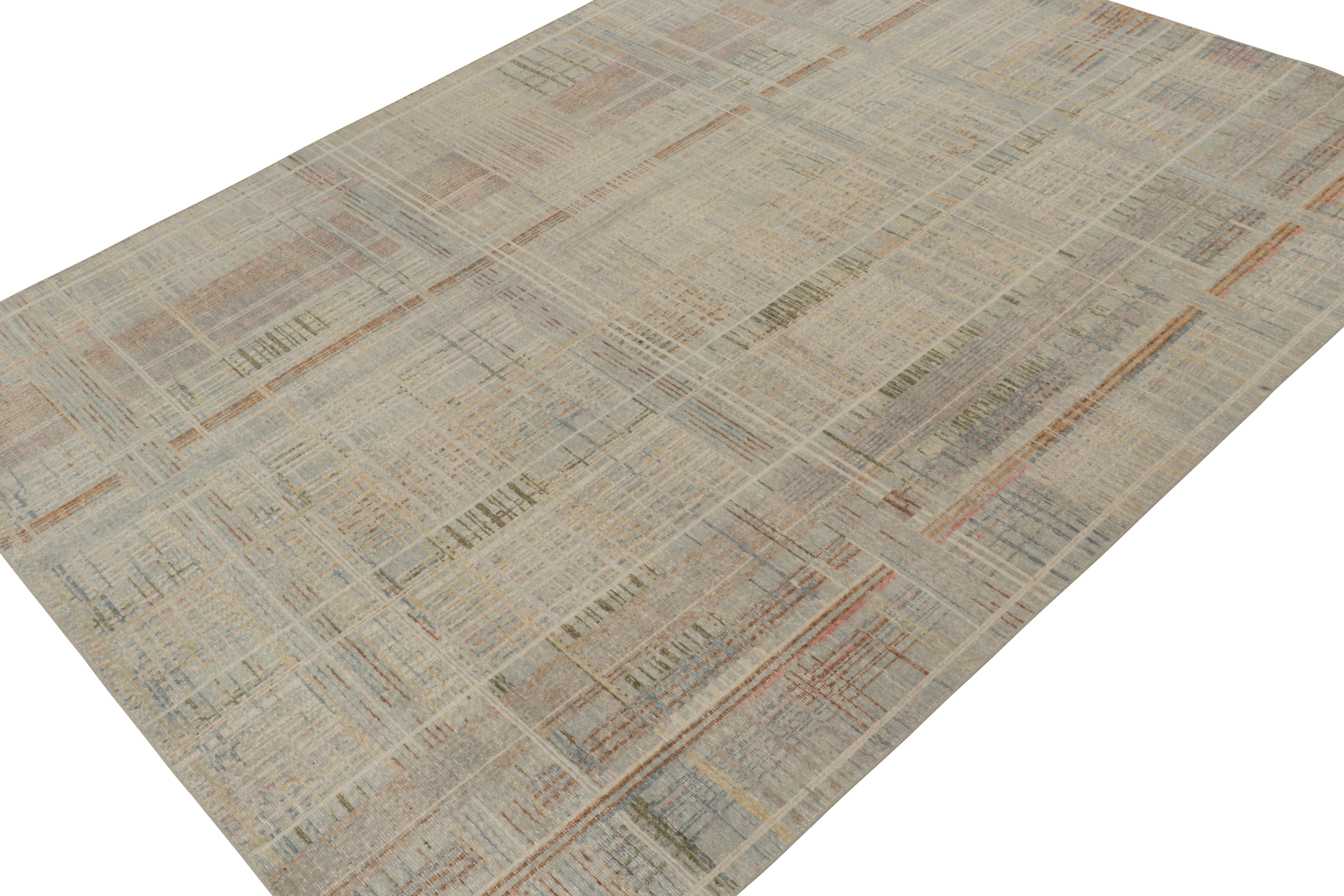 A 9x12 abstract rug, hand-knotted in distressed style wool and cotton from Rug & Kilim’s Homage Collection.

Further on the Design:

This design enjoys geometric patterns in tones of beige-brown, blue and gray that favor a brilliant, layered