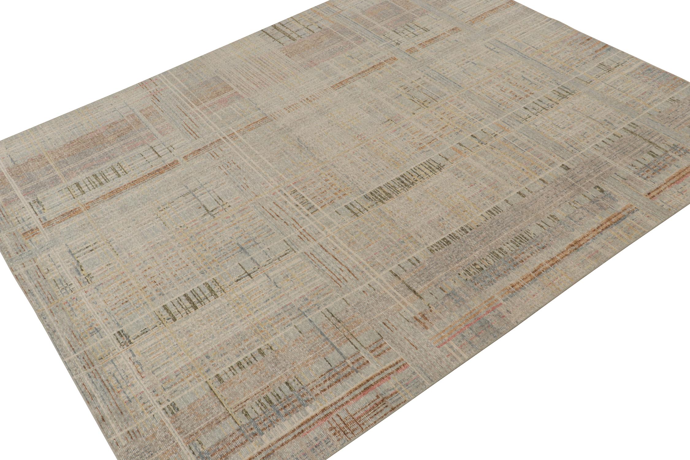 An 8x10 abstract rug, hand-knotted in distressed style wool and cotton from Rug & Kilim’s Homage Collection.

Further on the Design:

This design enjoys geometric patterns in tones of beige-brown, blue and gray that favor a brilliant, layered look.