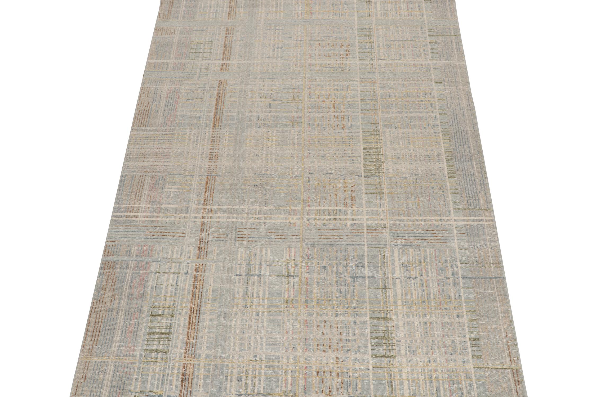 ​​A 6x9 abstract rug, hand-knotted in distressed style wool and cotton from Rug & Kilim’s Homage Collection.

Further on the Design:

This design enjoys geometric patterns in tones of beige-brown, blue and gray that favor a brilliant, layered look.
