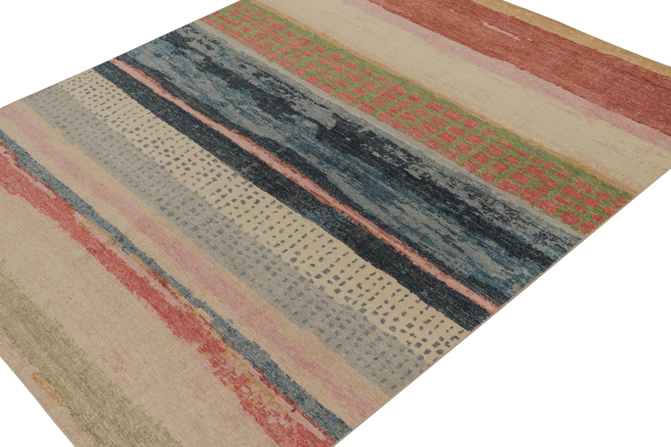 This contemporary 8x10 abstract rug is a new addition to the Homage Collection by Rug & Kilim. Hand-knotted in wool and cotton.

Further On the Design:

This design enjoys a splash of colors with horizontal stripes, dots, and other painterly