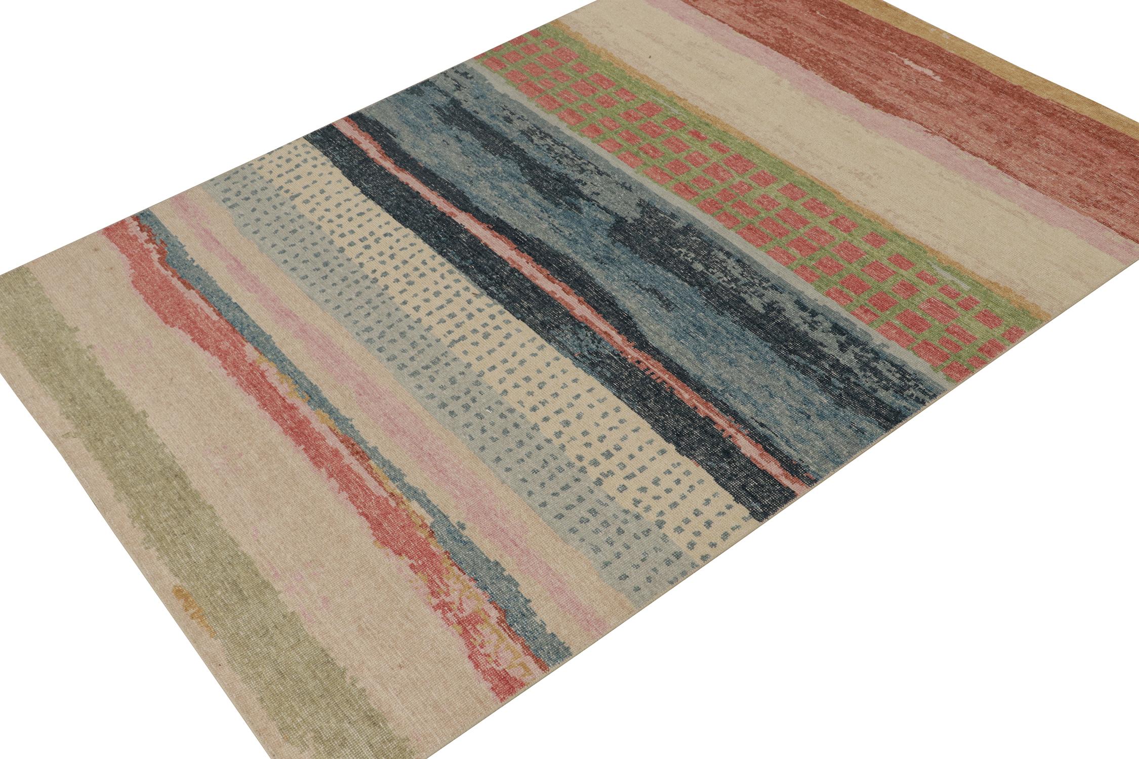 This contemporary 6x9 abstract rug is a new addition to the Homage Collection by Rug & Kilim. Hand-knotted in wool and cotton.

Further On the Design:

This design enjoys a splash of colors with horizontal stripes, dots, and other painterly