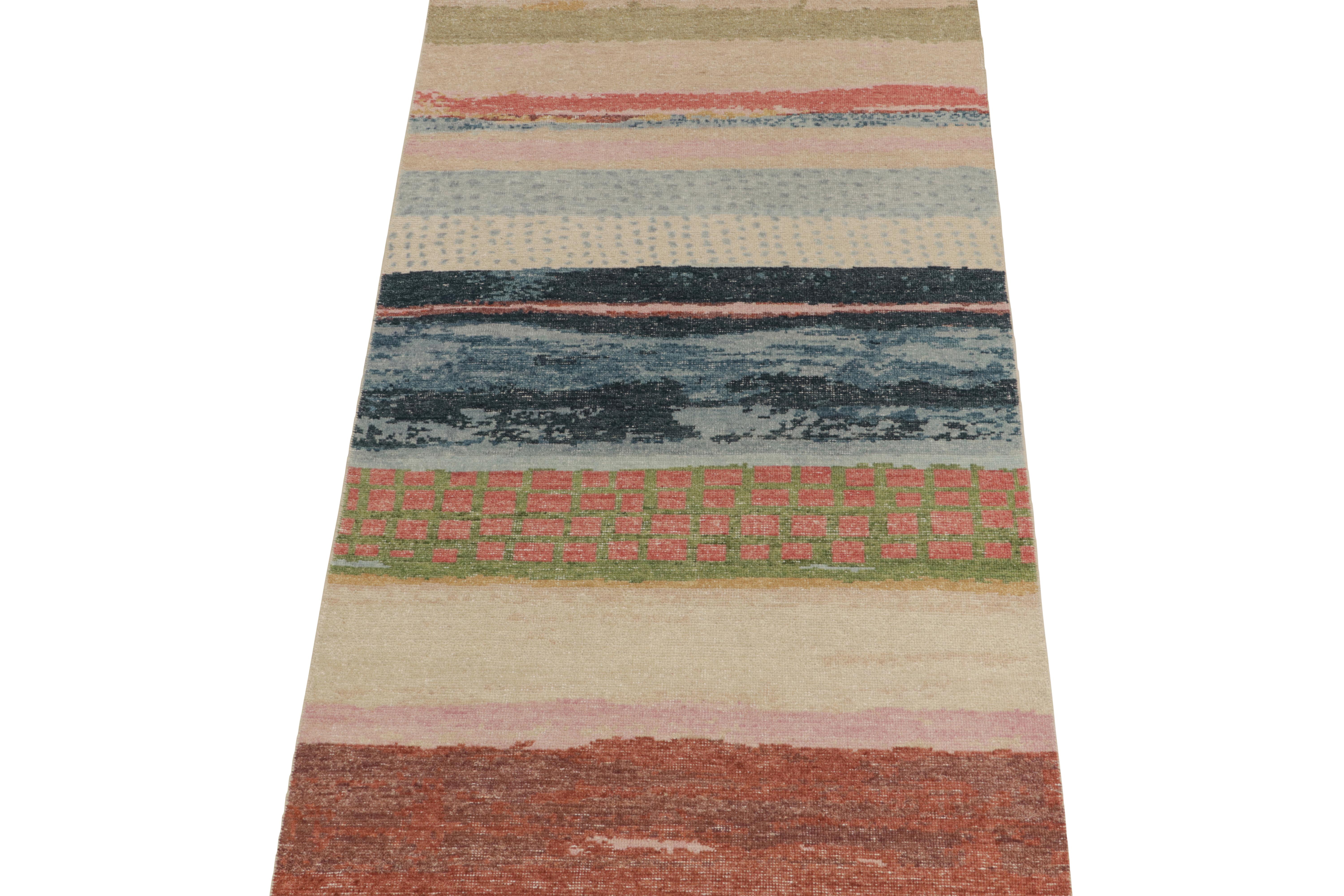 This contemporary 4x8 abstract rug is a new addition to the Homage Collection by Rug & Kilim. Hand-knotted in wool and cotton.

Further On the Design:

This design enjoys a splash of colors with horizontal stripes, dots, and other painterly patterns