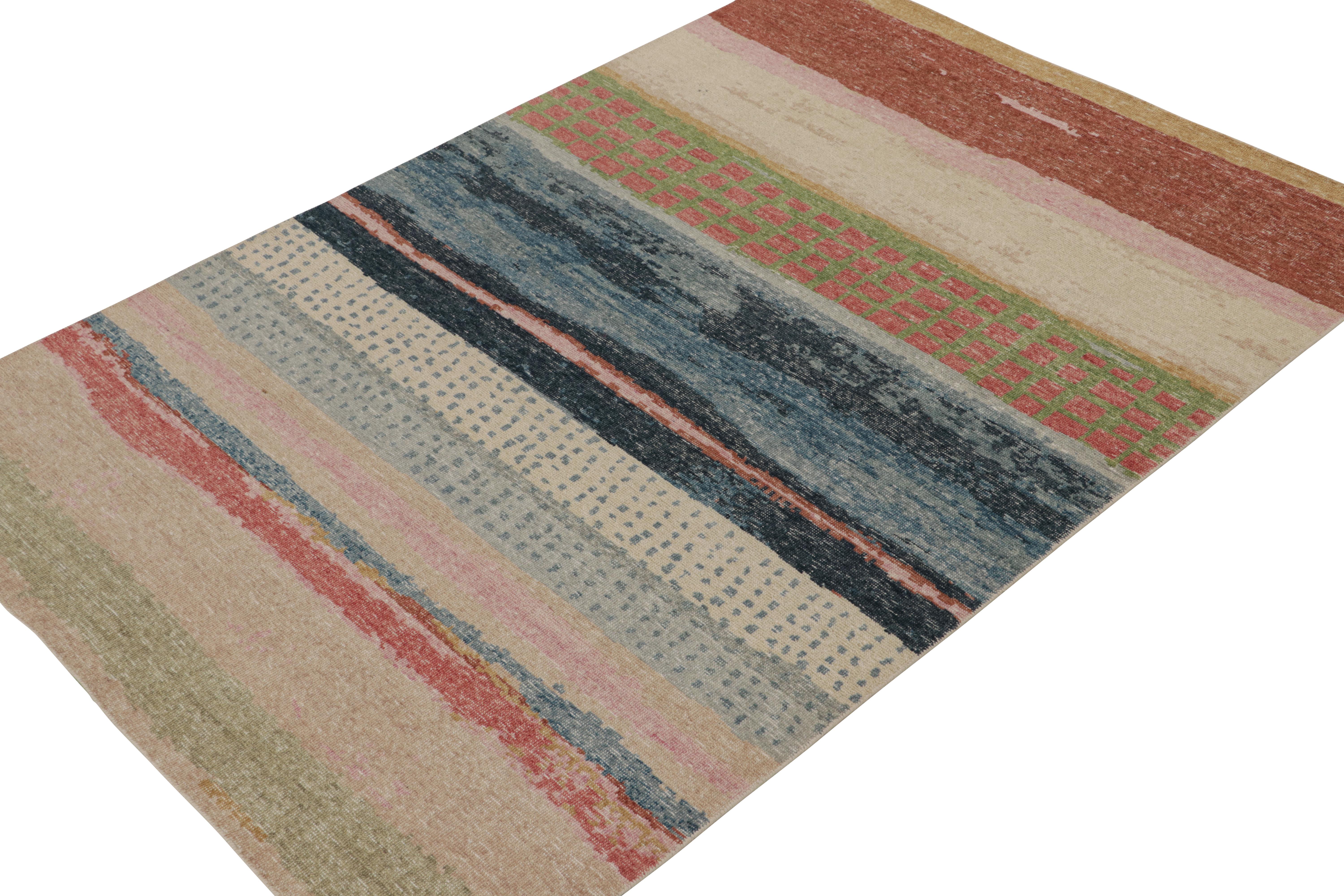 This contemporary 6x9 abstract rug is a new addition to the Homage Collection by Rug & Kilim. Hand-knotted in wool and cotton.

Further On the Design:

This design enjoys a splash of colors with horizontal stripes, dots, and other painterly