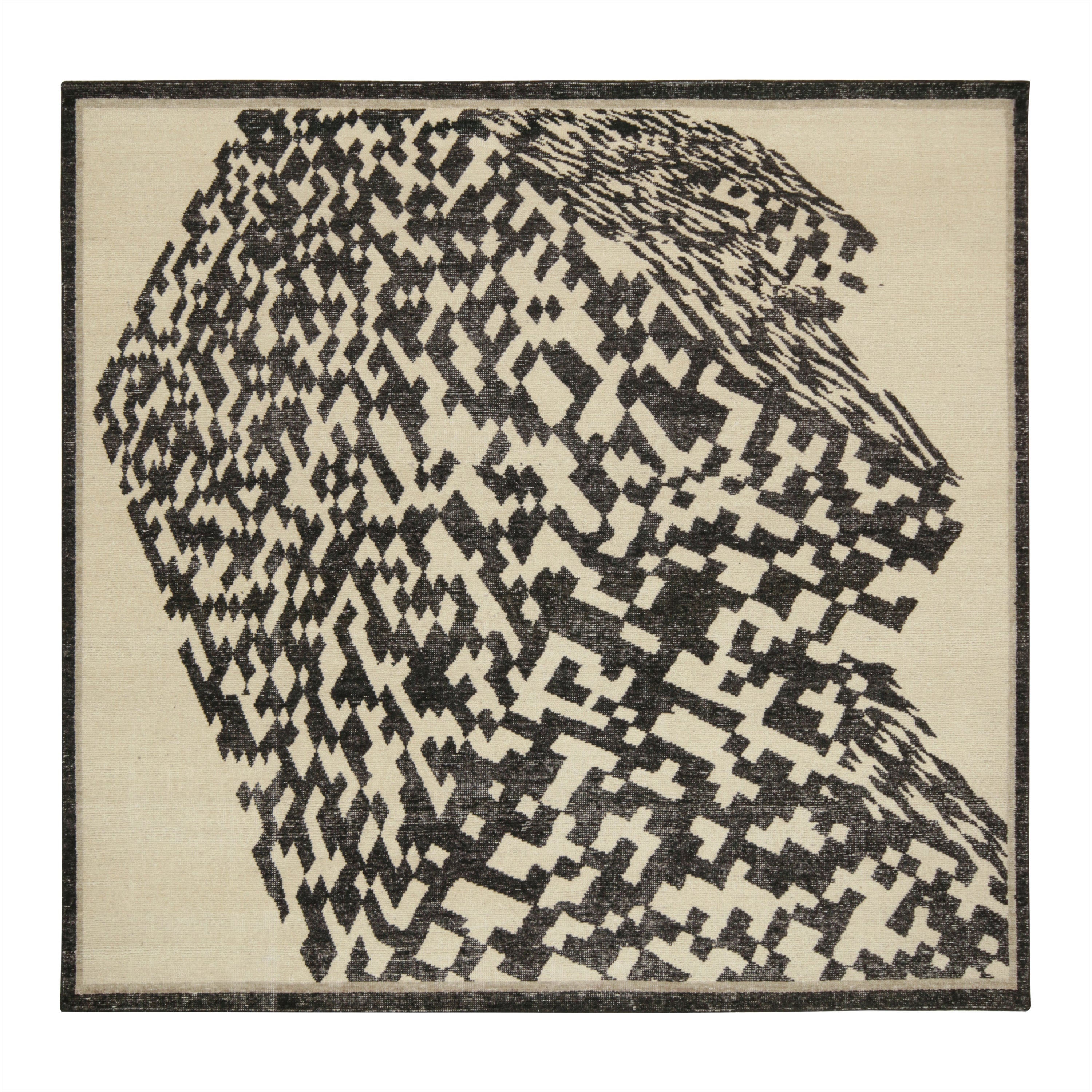 Rug & Kilim's abstrakter Teppich im Distressed-Stil mit geometrischem Muster in Weiß und Schwarz